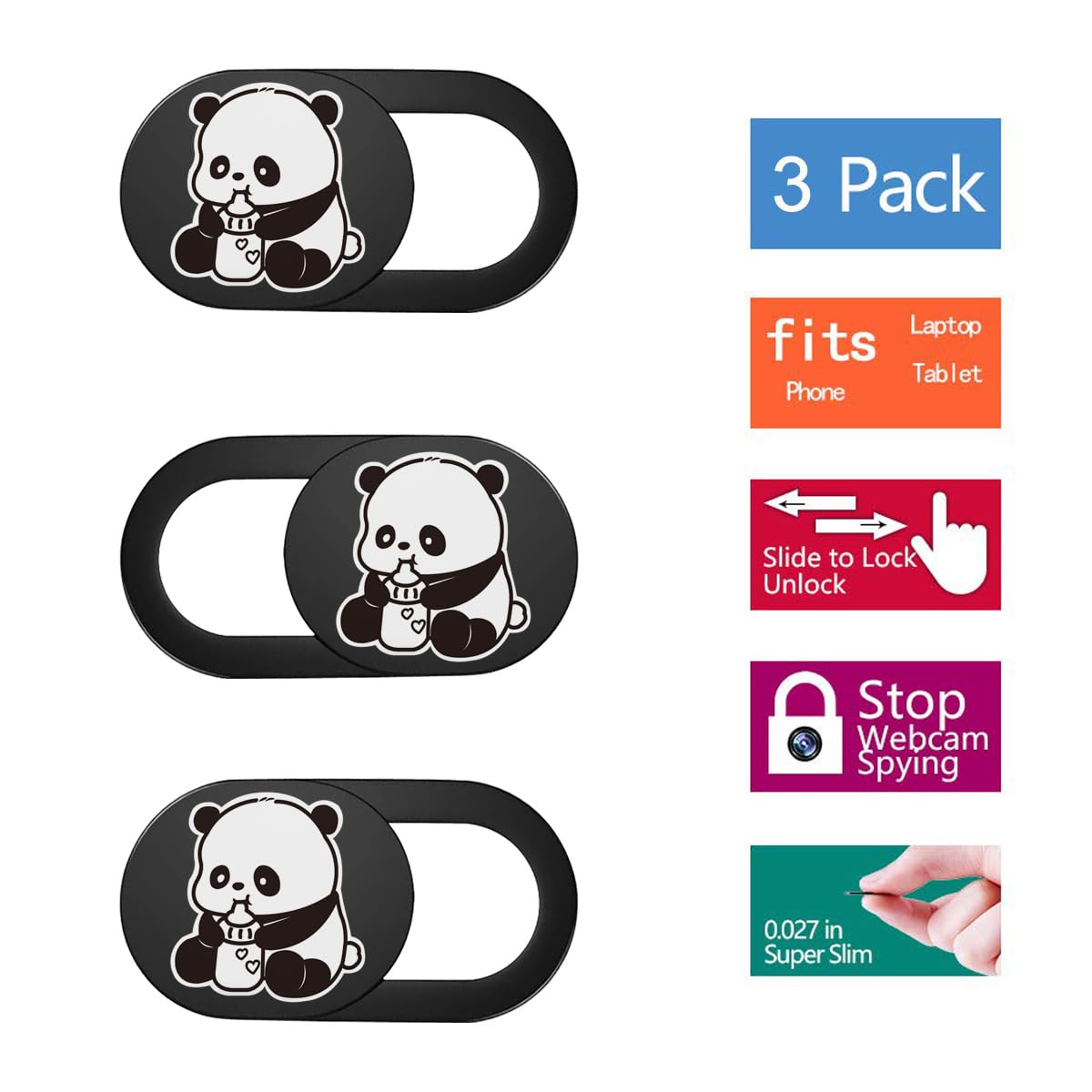 SIREG Webcam Cover Ultra Thin - Web Camera Cover fits Laptop,Tablet,PC,Computer, Smartphone, Protect Your Privacy and Security,Strong Adhesive (Panda-Black & 3 Pack)