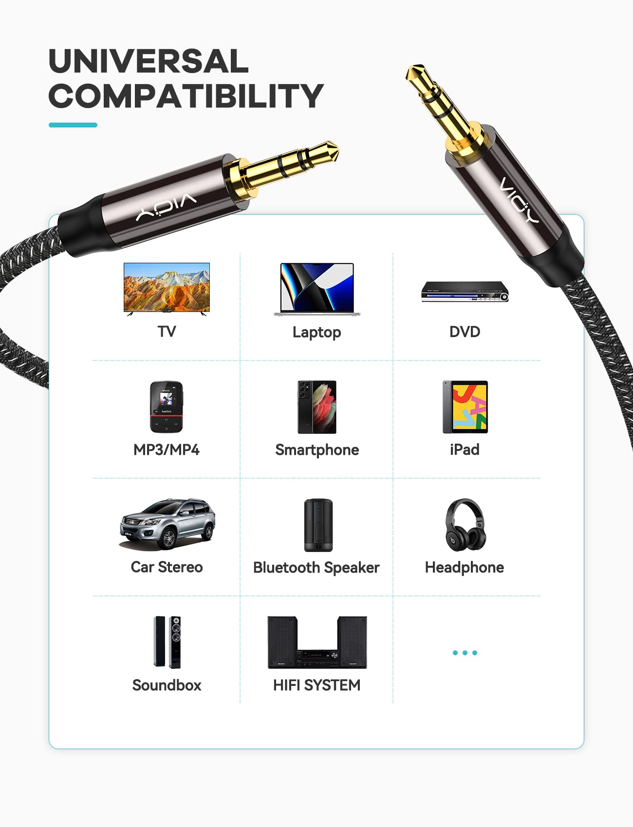 VIOY Aux Cord 15 FT, 3.5mm Male to Male Braided Auxiliary Audio C by VIOY - Angle View 3