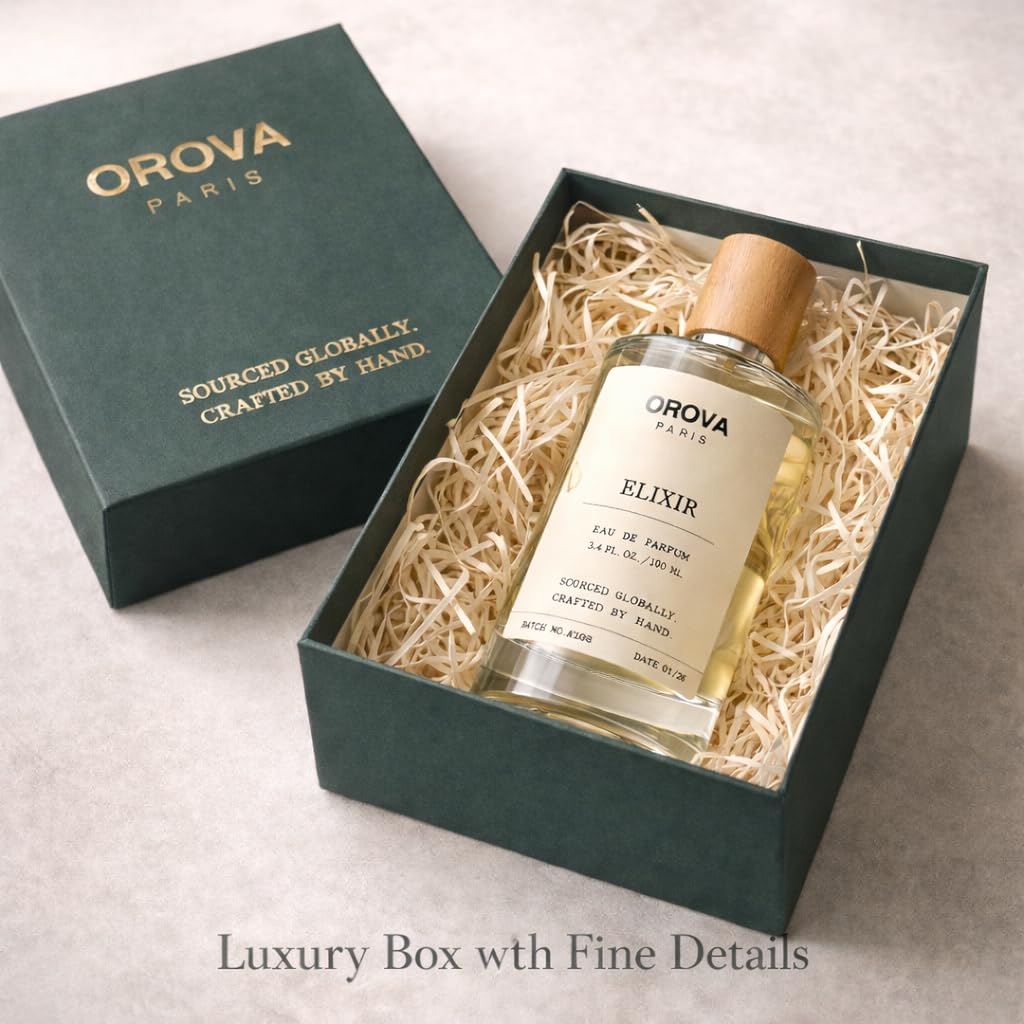 ORÖVA Paris Elixir Eau de Parfum bottle with strawberry and vanilla notes, featuring a sleek design and elegant packaging.