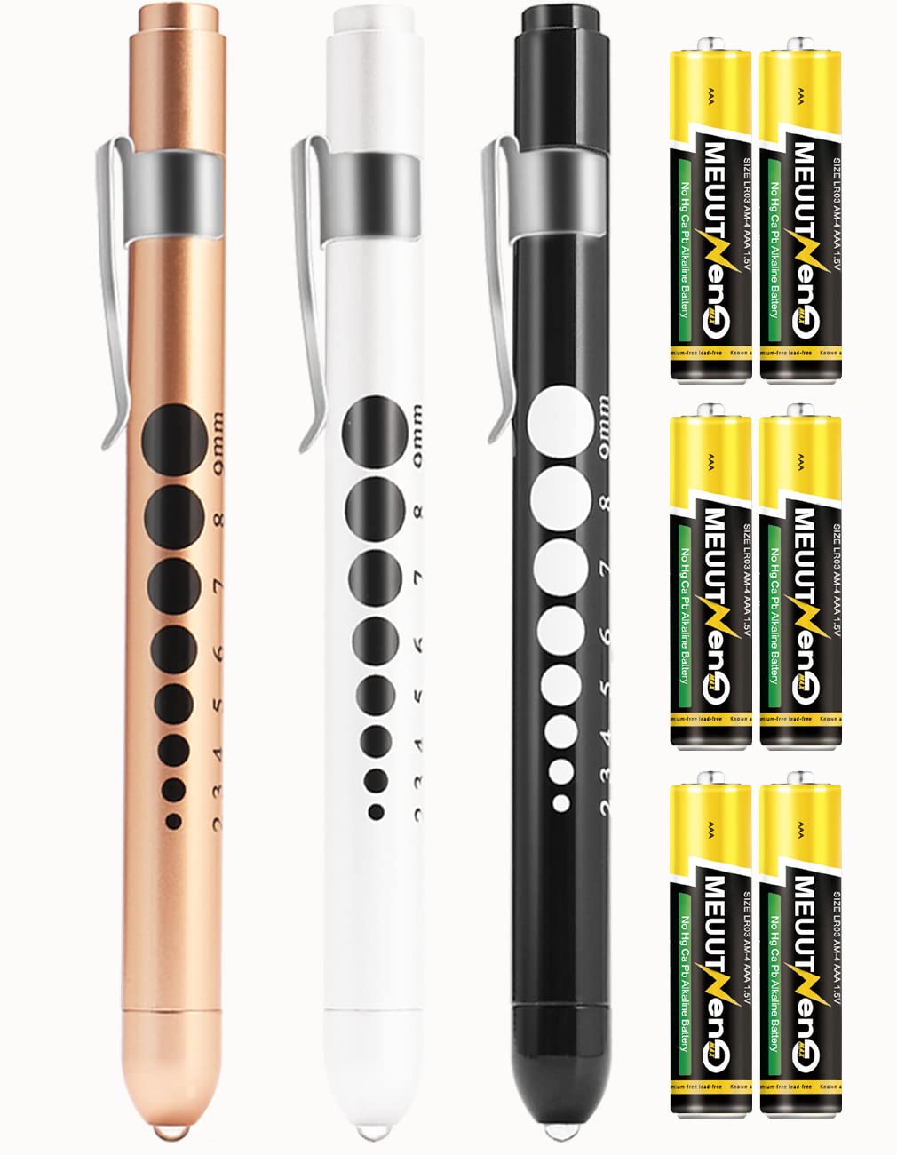 MEUUT Nurse Penlights 3 Pack with 6 AAA Batteries & Pupil Gauge