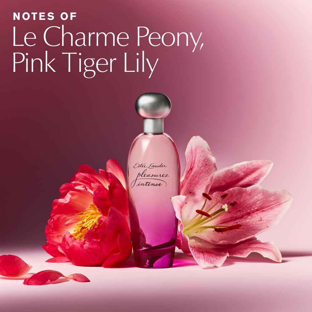 Estée Lauder Pleasures Intense Eau de Parfum spray with peony and pink tiger notes, elegant floral fragrance in a stylish bottle