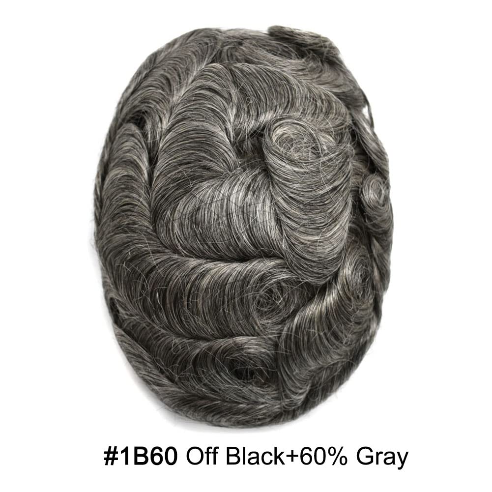 Curve Hair Mens Toupee Human Hair Piece Replacement System Monofilament Wig Hair Unit for Men Durable Poly Coated Mens Hairpiece (#1B60 Off Black+60% Gray, 7"X9")