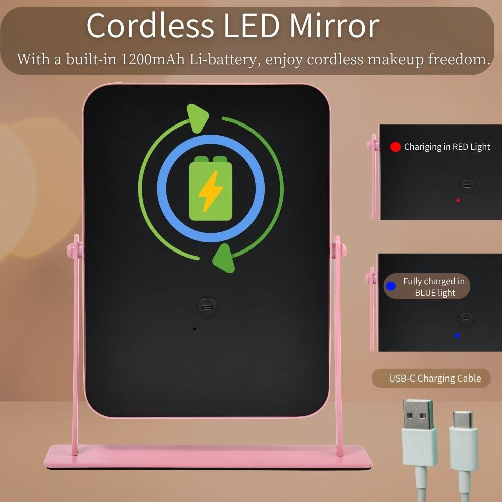 Pink LED Makeup Mirror with Lights Rechargeable Wireless - LAKFUES Official Imagery - 5