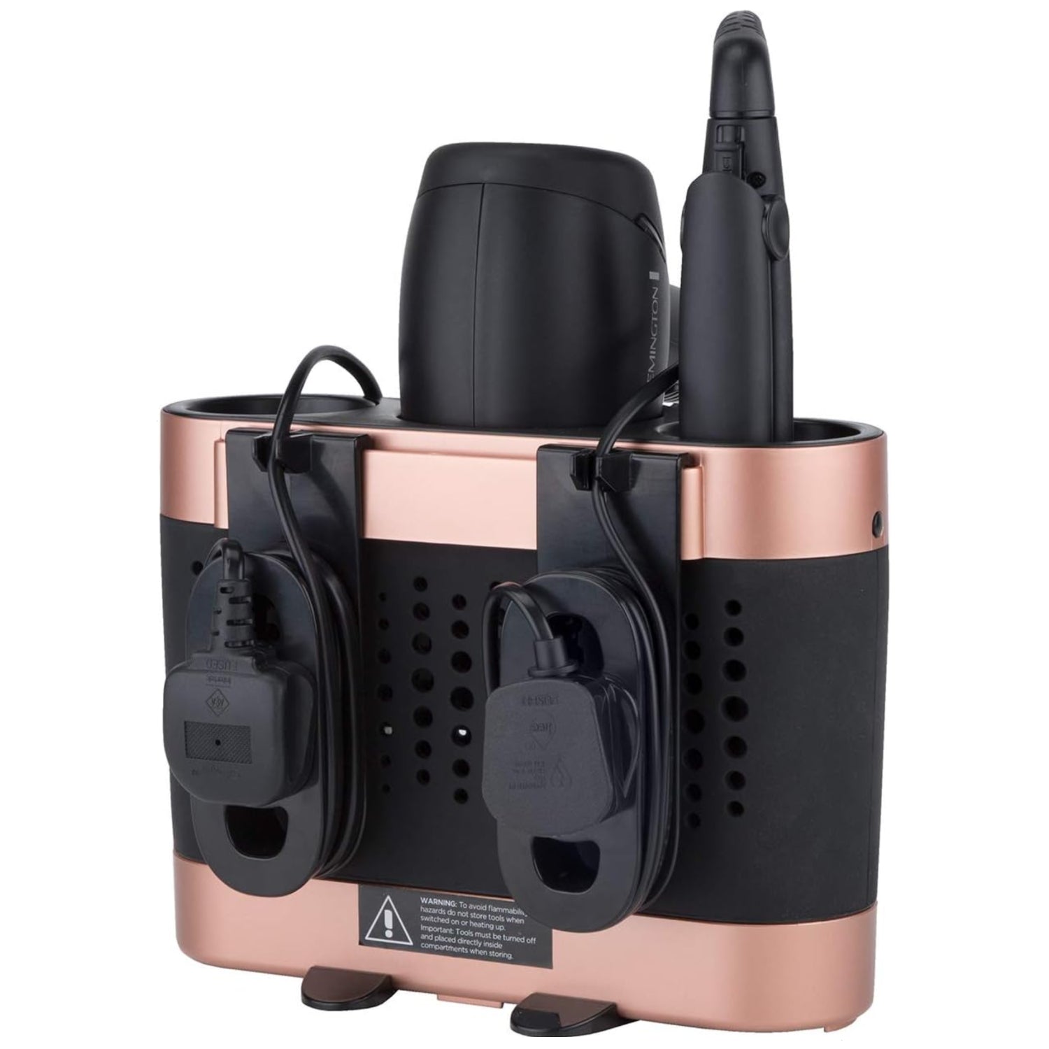 Minky silicone hair tool storage dock in rose gold and black, holding a hair dryer and styling tools.
