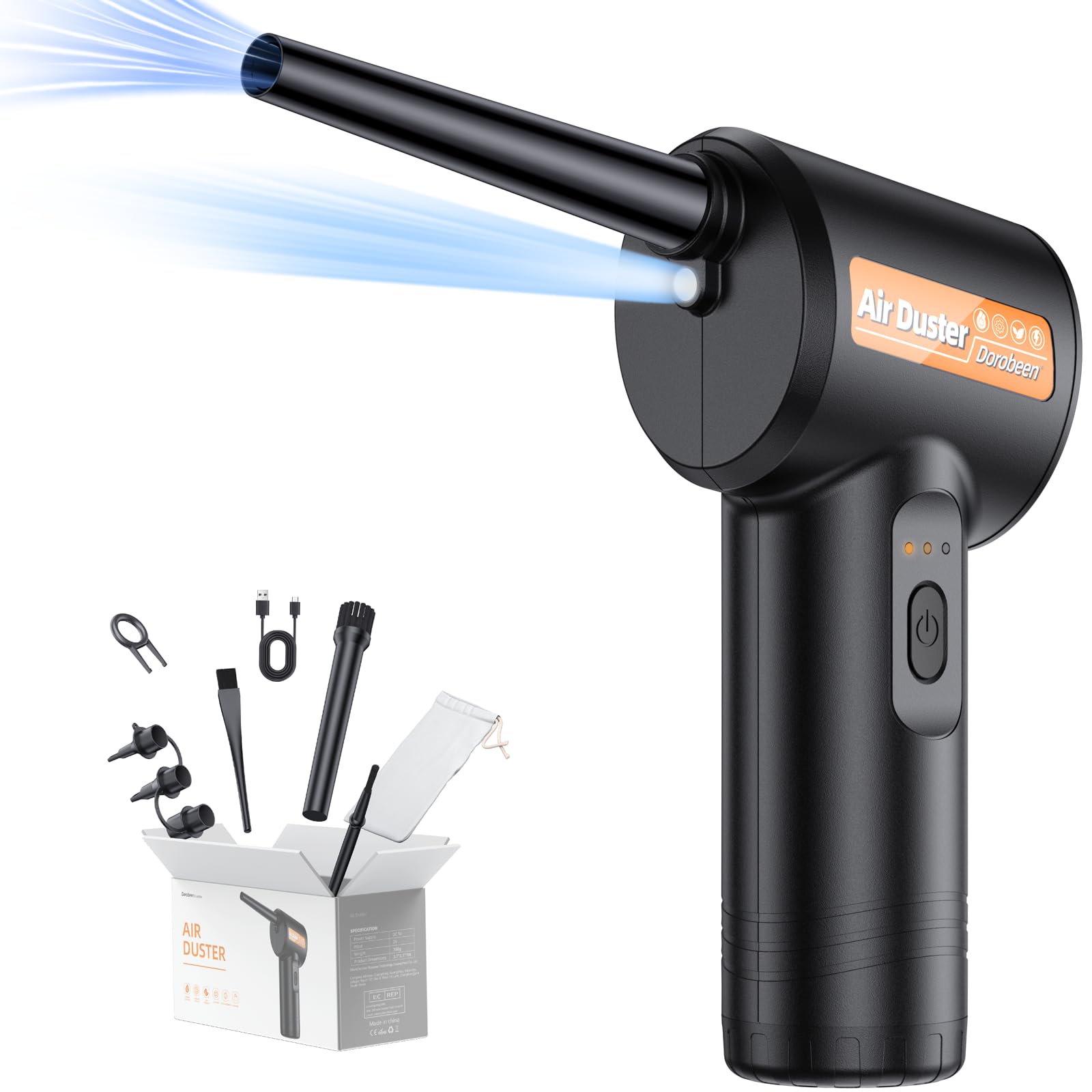 Dorobeen rechargeable electric air duster with LED light, black compact blower for cleaning PC keyboards and electronics.