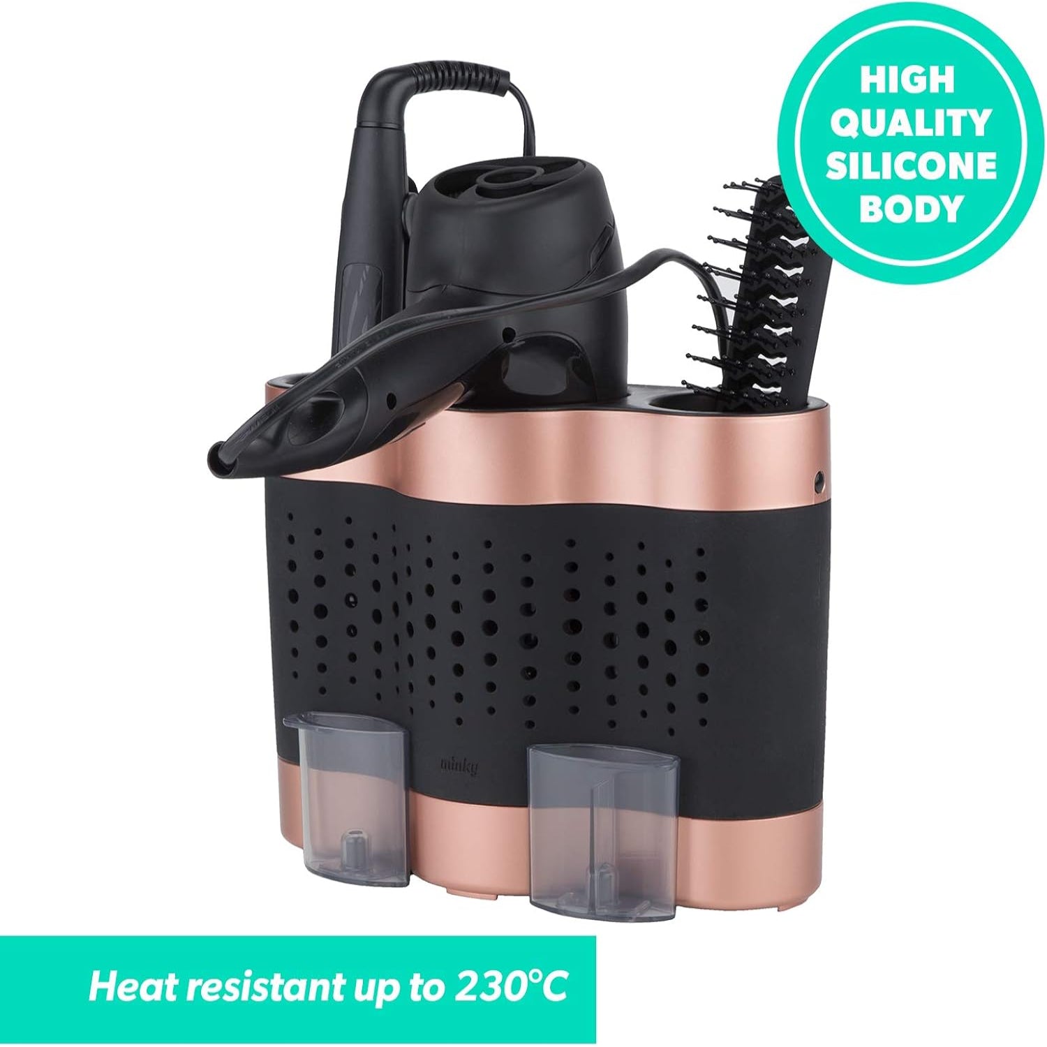 Minky silicone hair styling dock in rose gold and black with compartments for hair dryer and tools, organized on a countertop