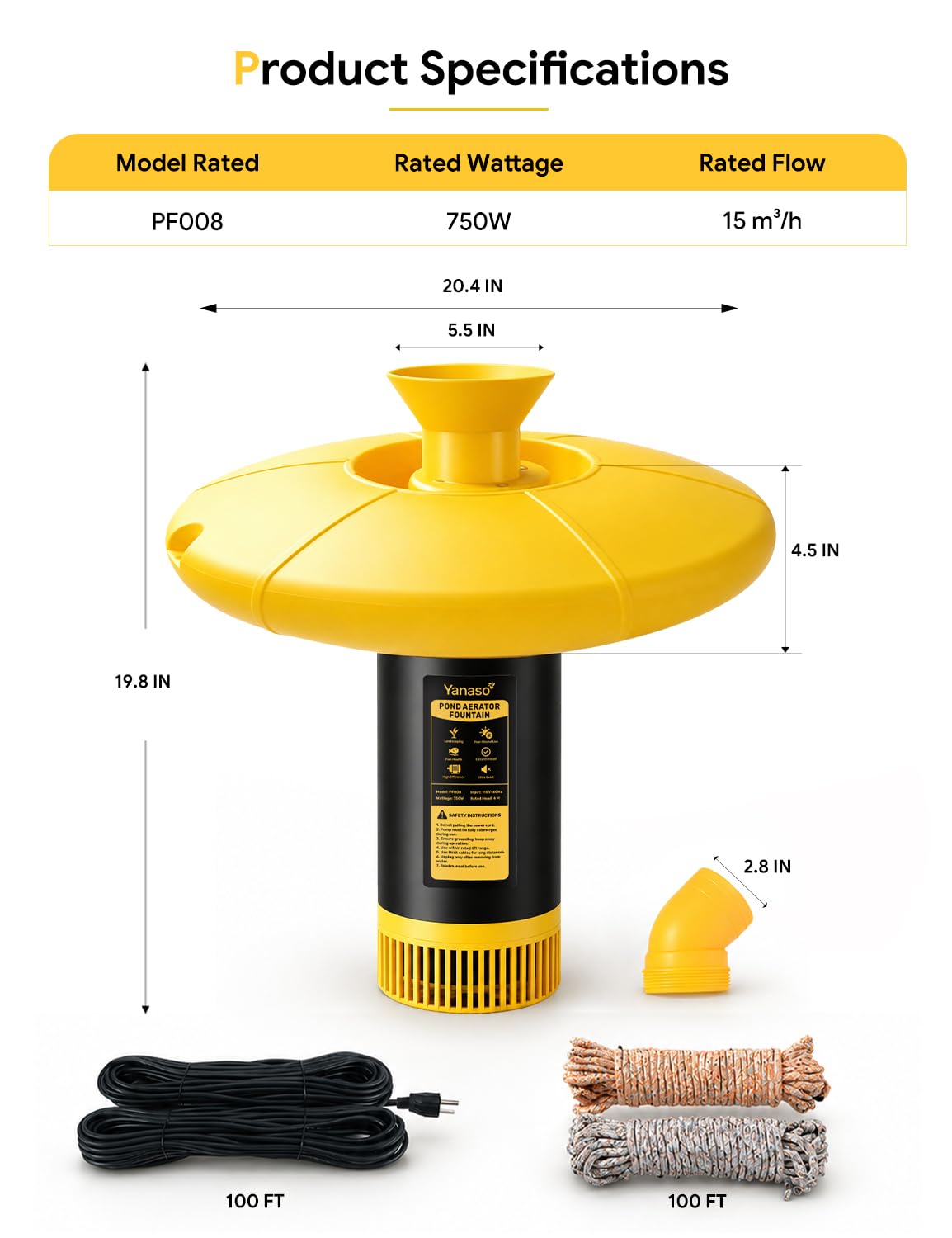 YANASO 1HP Pond Fountain Aerator, 15000 GPH Floating Fountain Pum - YANASO Official Product View 2