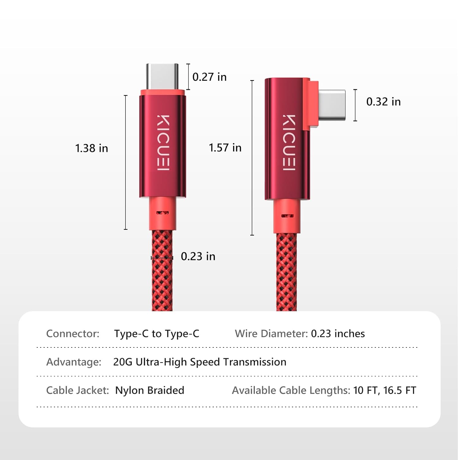 KICUEI USB-C to USB-C tethering cable, 10ft right-angle photography cord, 20Gbps fast data transfer, black connector ends