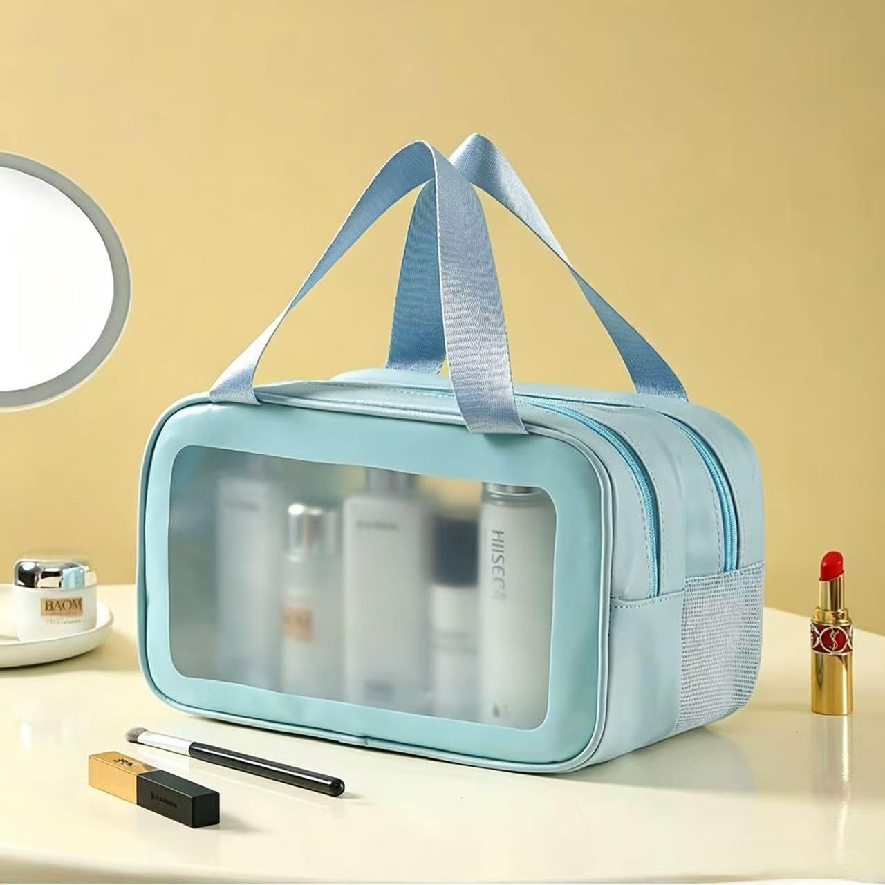 Clear PVC Cosmetic Bag, Waterproof Travel Toiletry Organizer with Handles, Wet and Dry Separation Makeup Storage Bag (blue)