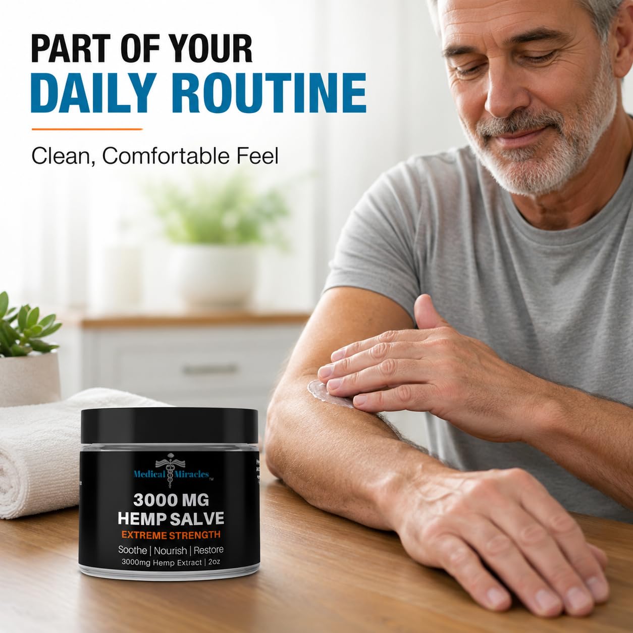 Medical Miracles hemp salve in a jar, 3000 MG maximum strength, for hips, joints, neck, and back pain relief.