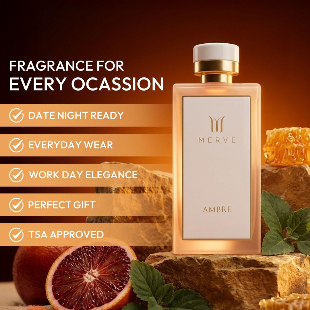 Merve Ambre perfume for women in a 3.4 oz bottle, showcasing the elegant fragrance bottle with gold accents.