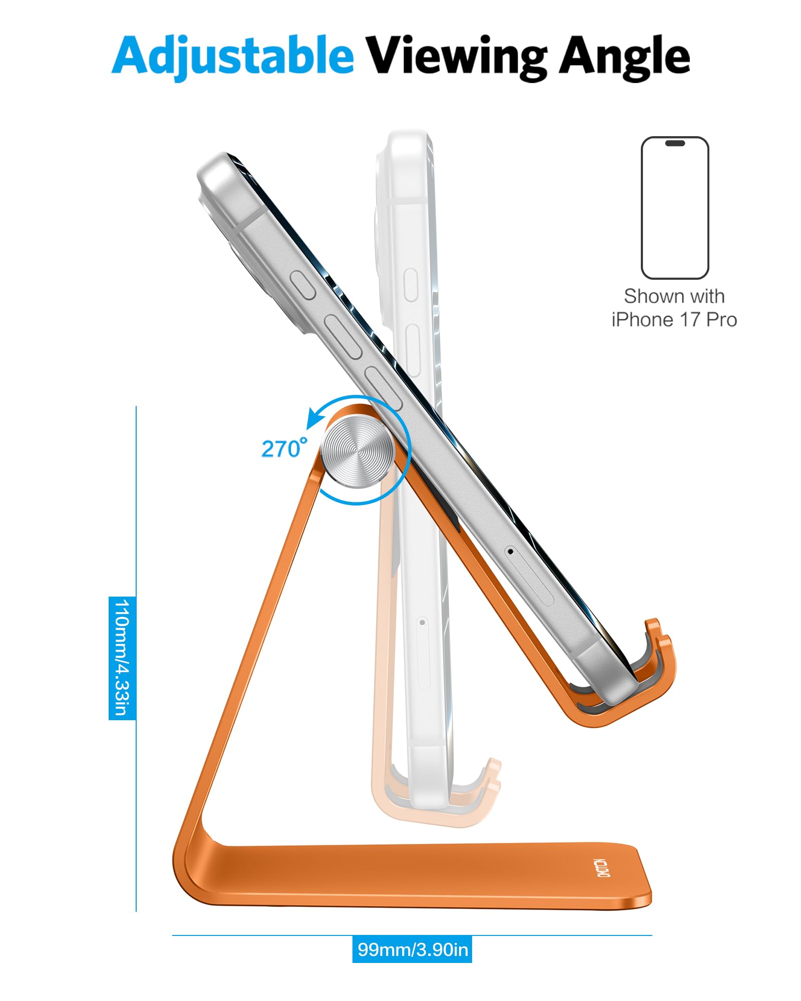 OMOTON Adjustable Cell Phone Stand, Aluminum Desktop Cellphone Stand with Anti-Slip Base and Convenient Charging Port, Fits All Smart Phones, Orange