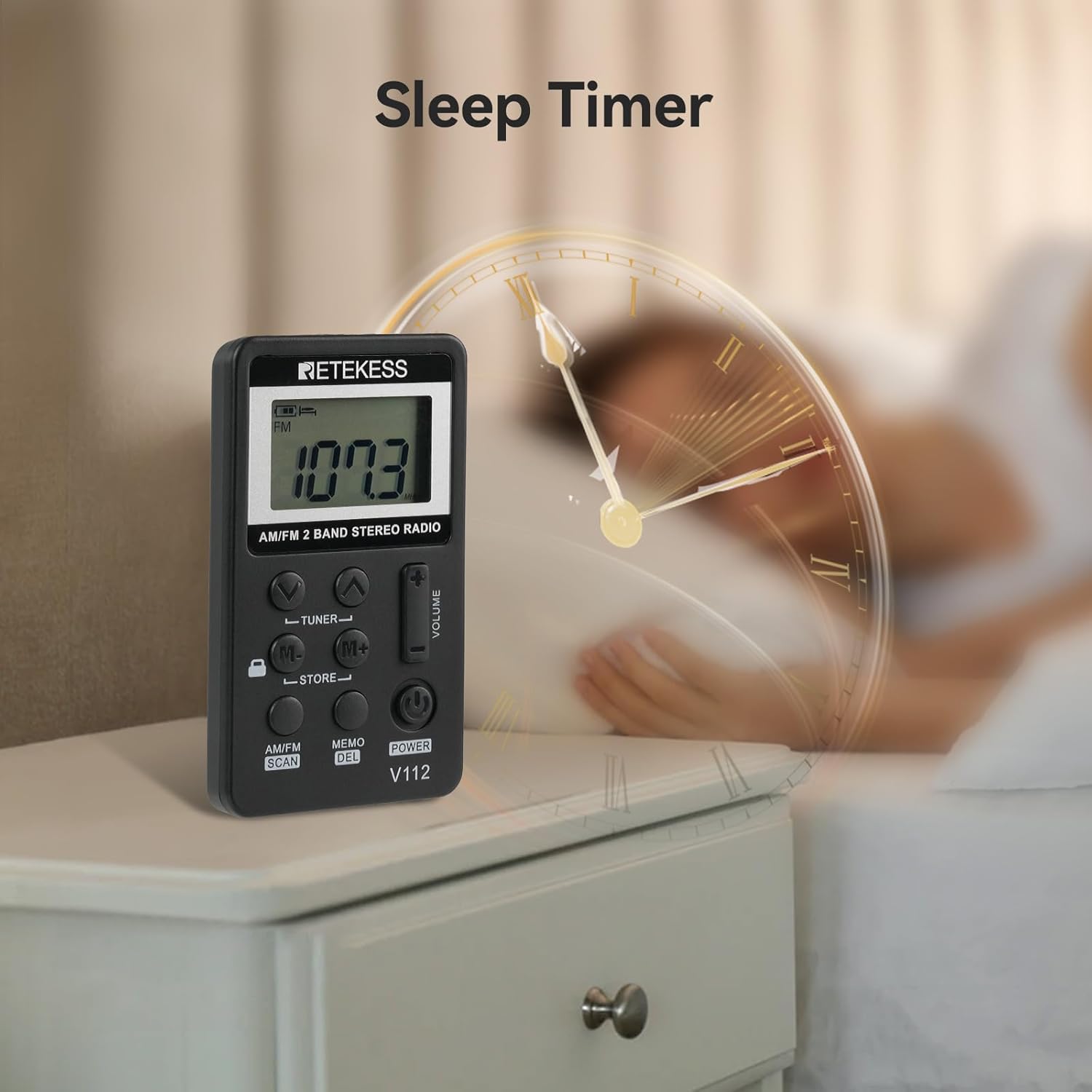 Retekess V112 AM FM pocket radio with LCD display, earphone, rechargeable battery, black color for walking and jogging.