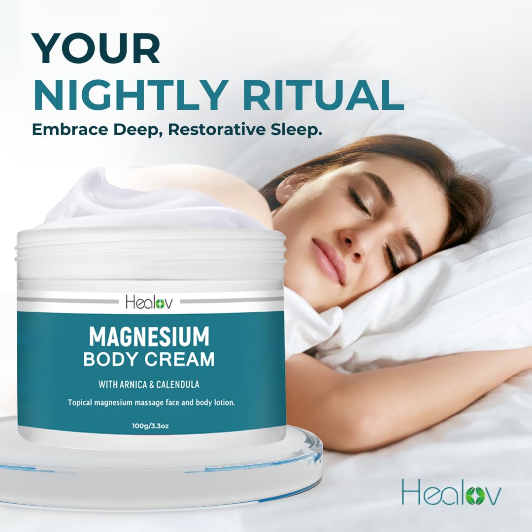 Healov magnesium lotion for sleep, muscle, and leg relief, showing the soothing lotion bottle with a calming background.