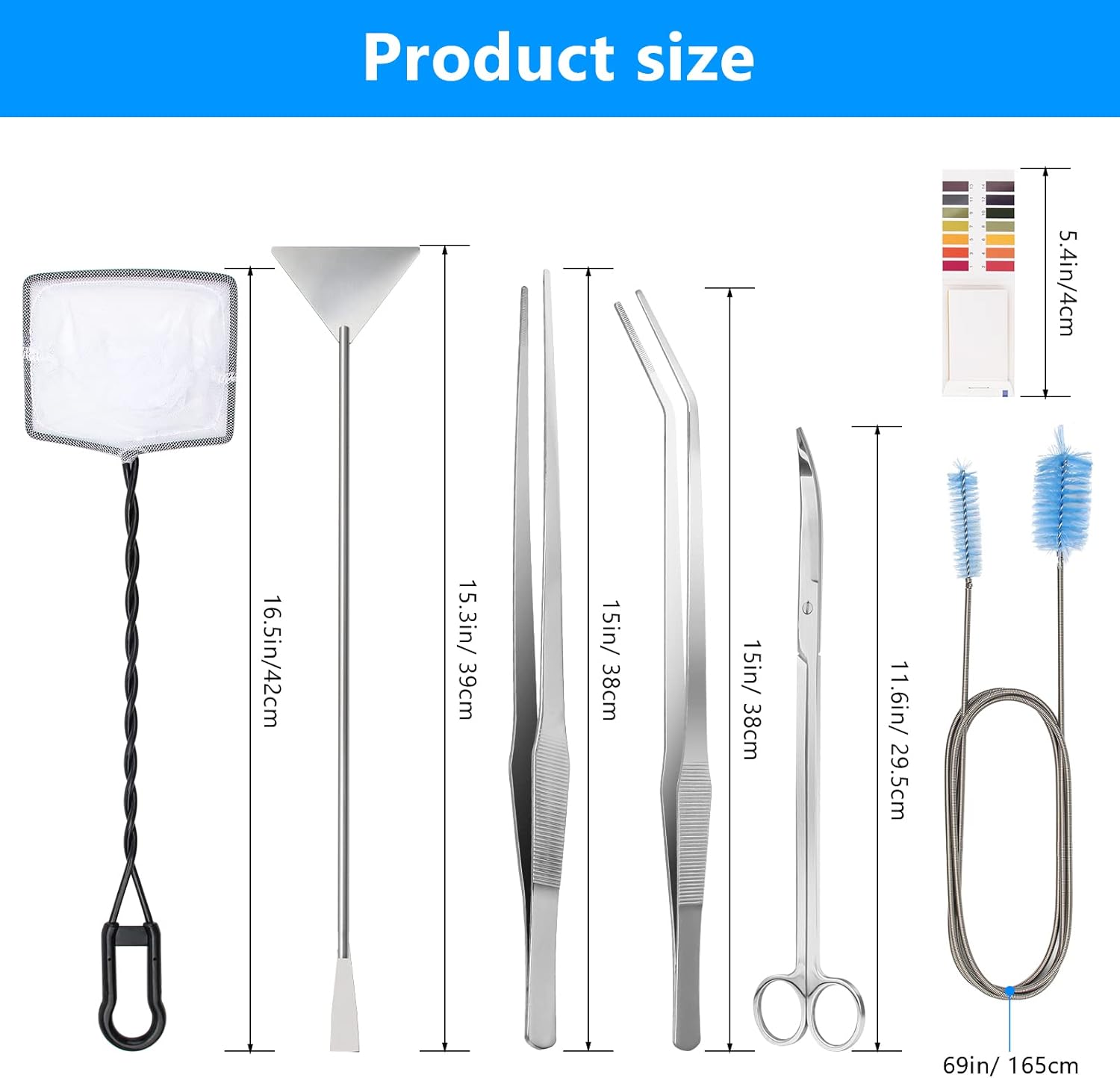 Liveek 8-in-1 extra long stainless steel aquarium aquascaping tools kit with aquarium plant trimming and maintenance tools.