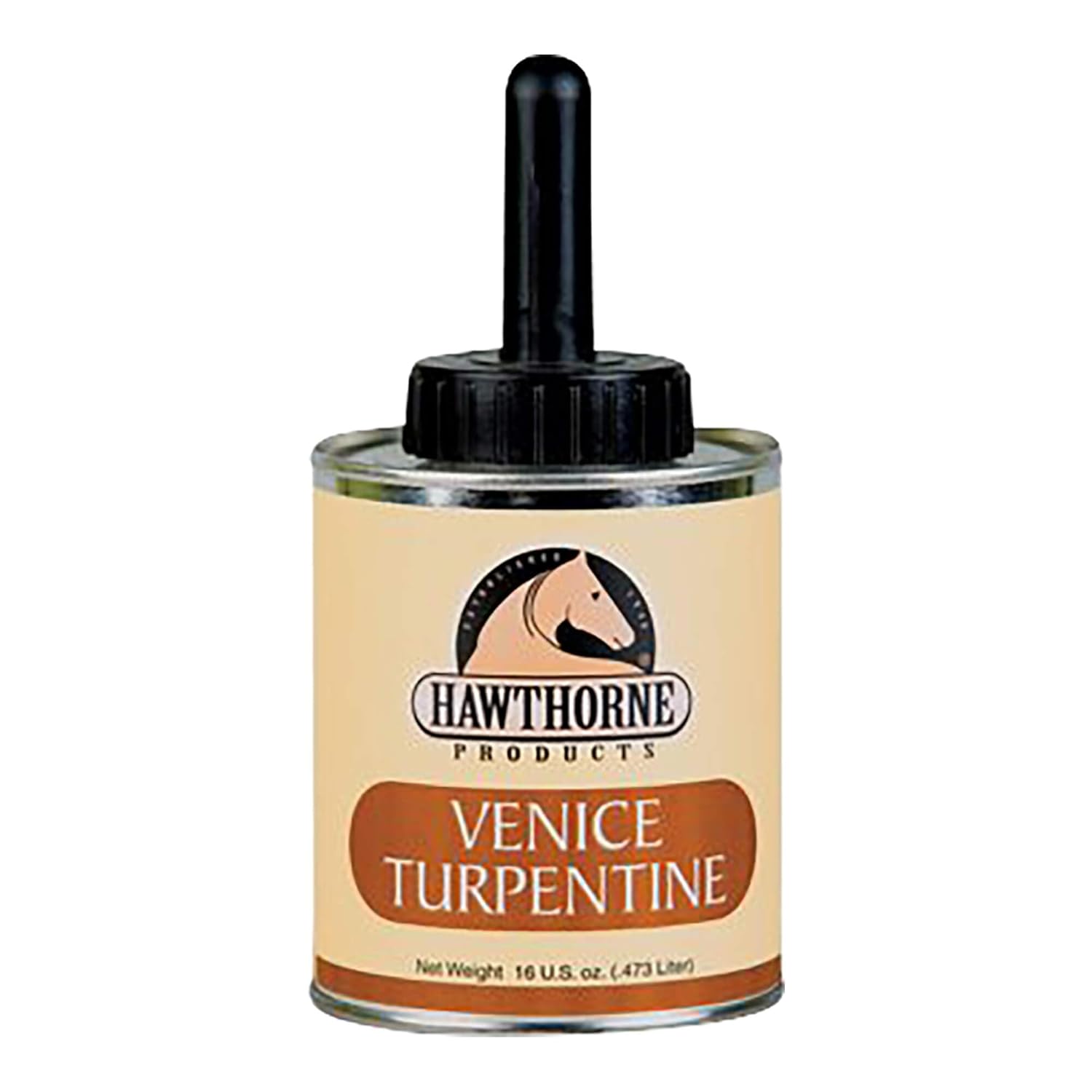 Hawthorne Venice Turpentine in a 16 oz bottle, clear liquid used for artistic and industrial applications.
