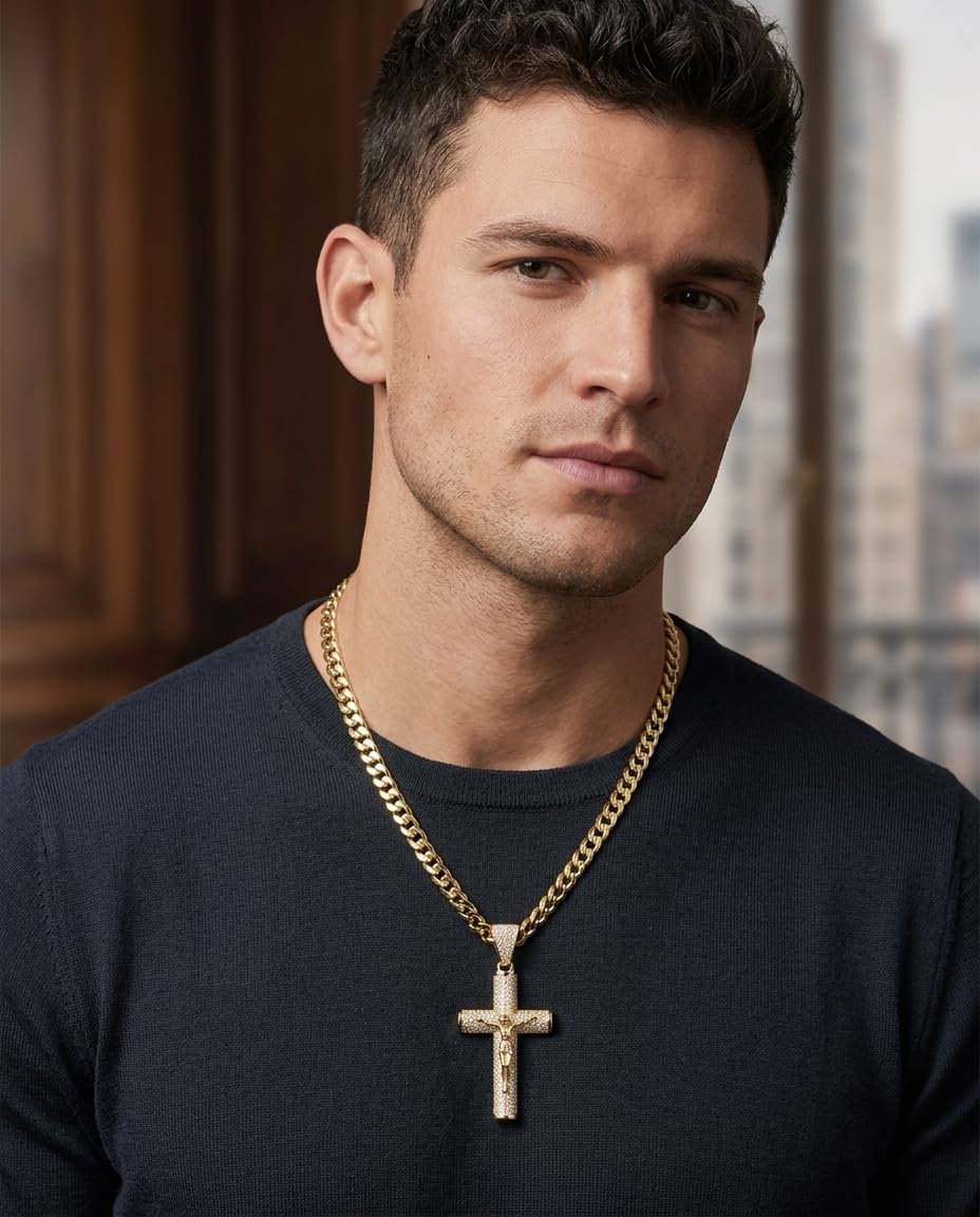 14K Gold Plated Miami Chain Cross Necklace for Men with - Holylegend Official Imagery - 3