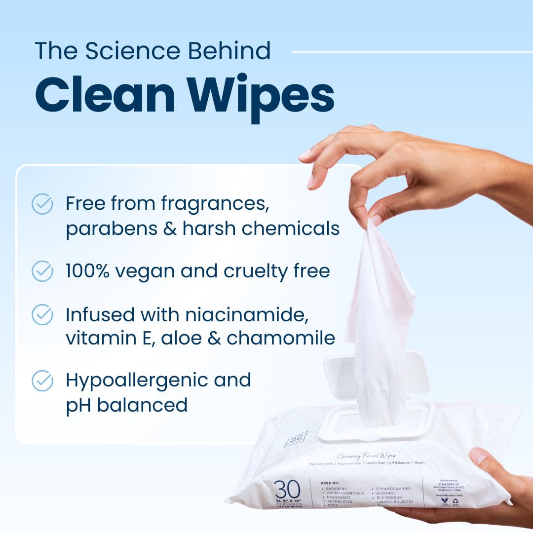 Clean Skin Club Clean Wipes, XL Makeup Remover Face Wipes, - CLEAN SKIN CLUB
