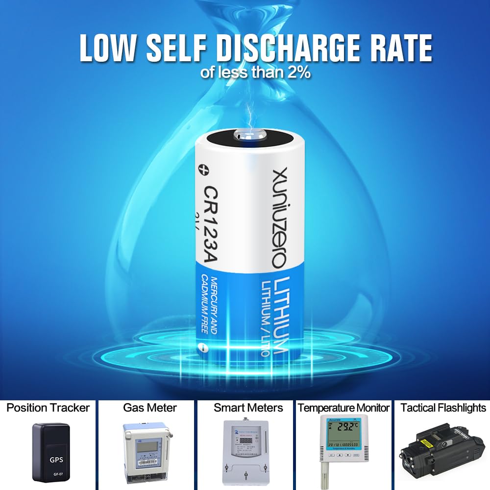 XUNIUZERO CR123A 3V lithium batteries 6-pack, high-performance batteries with 10-year shelf life, suitable for cameras and flashlights.