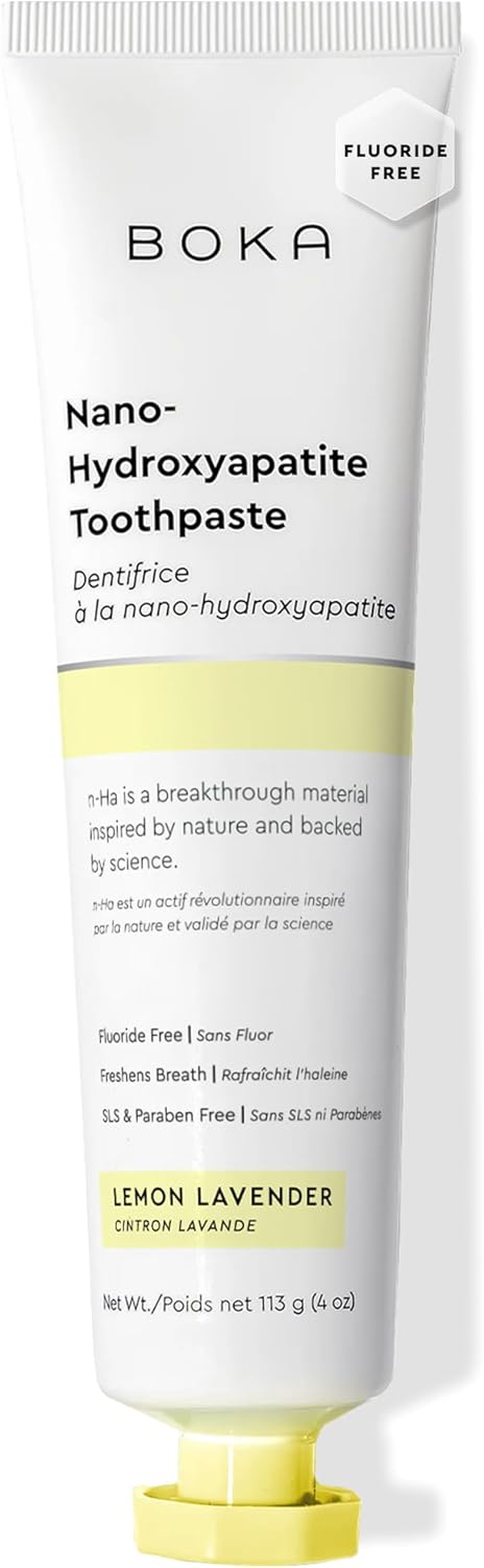 Boka fluoride-free nano hydroxyapatite toothpaste for sensitive teeth, showing the tube with white and blue packaging.