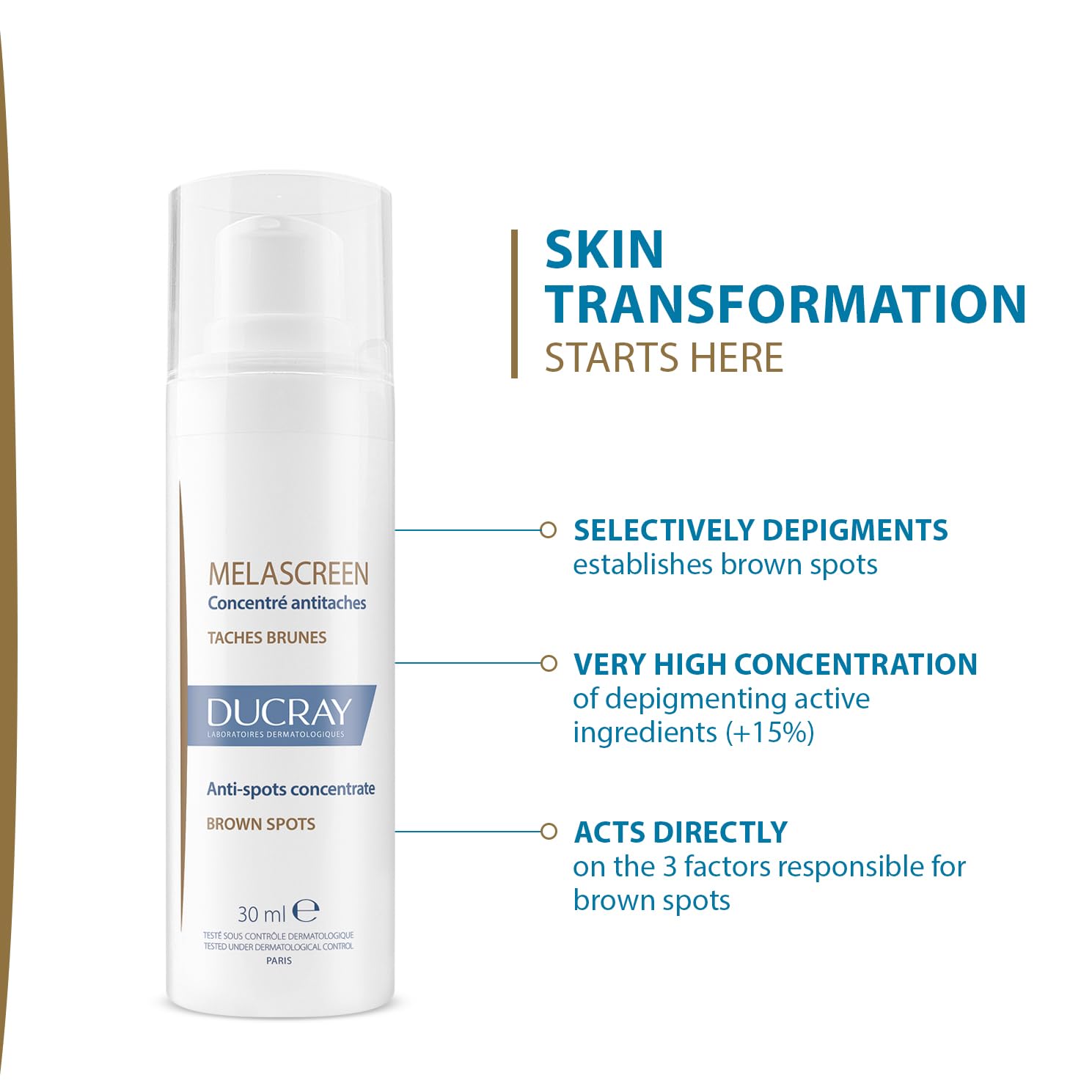 Ducray Melascreen Anti-Stain Concentrate 30ml bottle with applicator, designed to reduce dark spots and brighten skin.