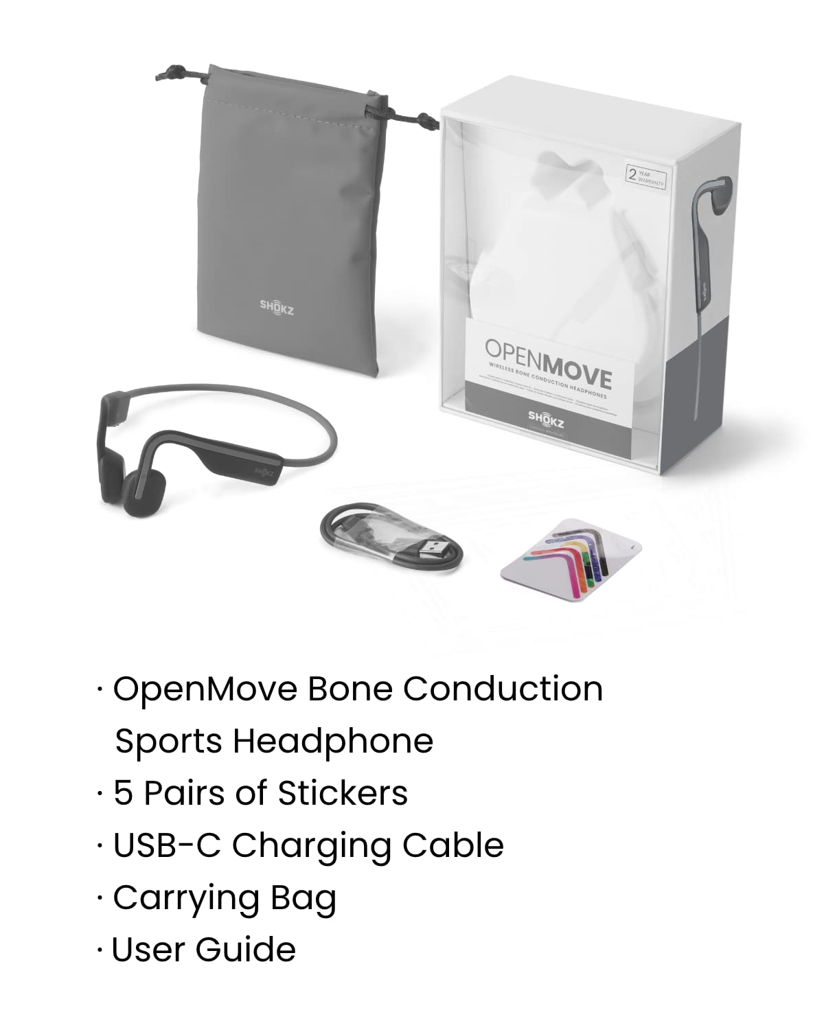 SHOKZ OpenMove open-ear Bluetooth sport headphones in grey, bone conduction wireless earphones with sweatproof design for running and workouts.