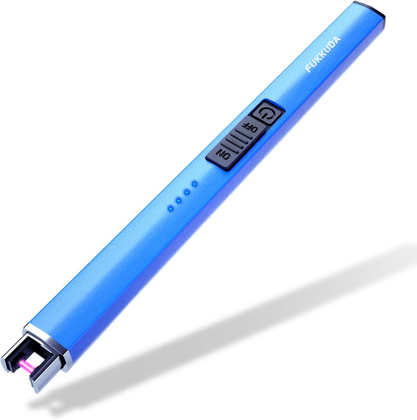 FUKKUDA electric candle lighter with safety switch, USB rechargeable, windproof design, shown with lit candle and sleek black body