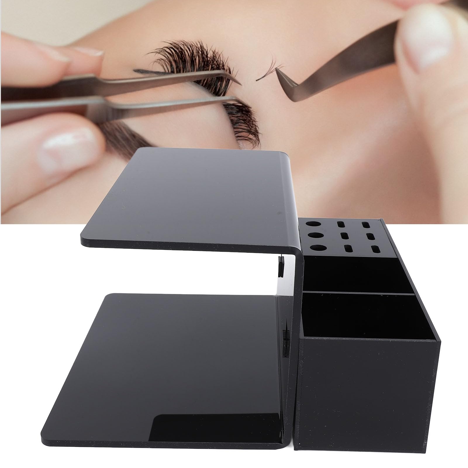 CCYLEZ professional eyelash extension organizer with adjustable height acrylic eyelash pillow stand and storage compartments in black