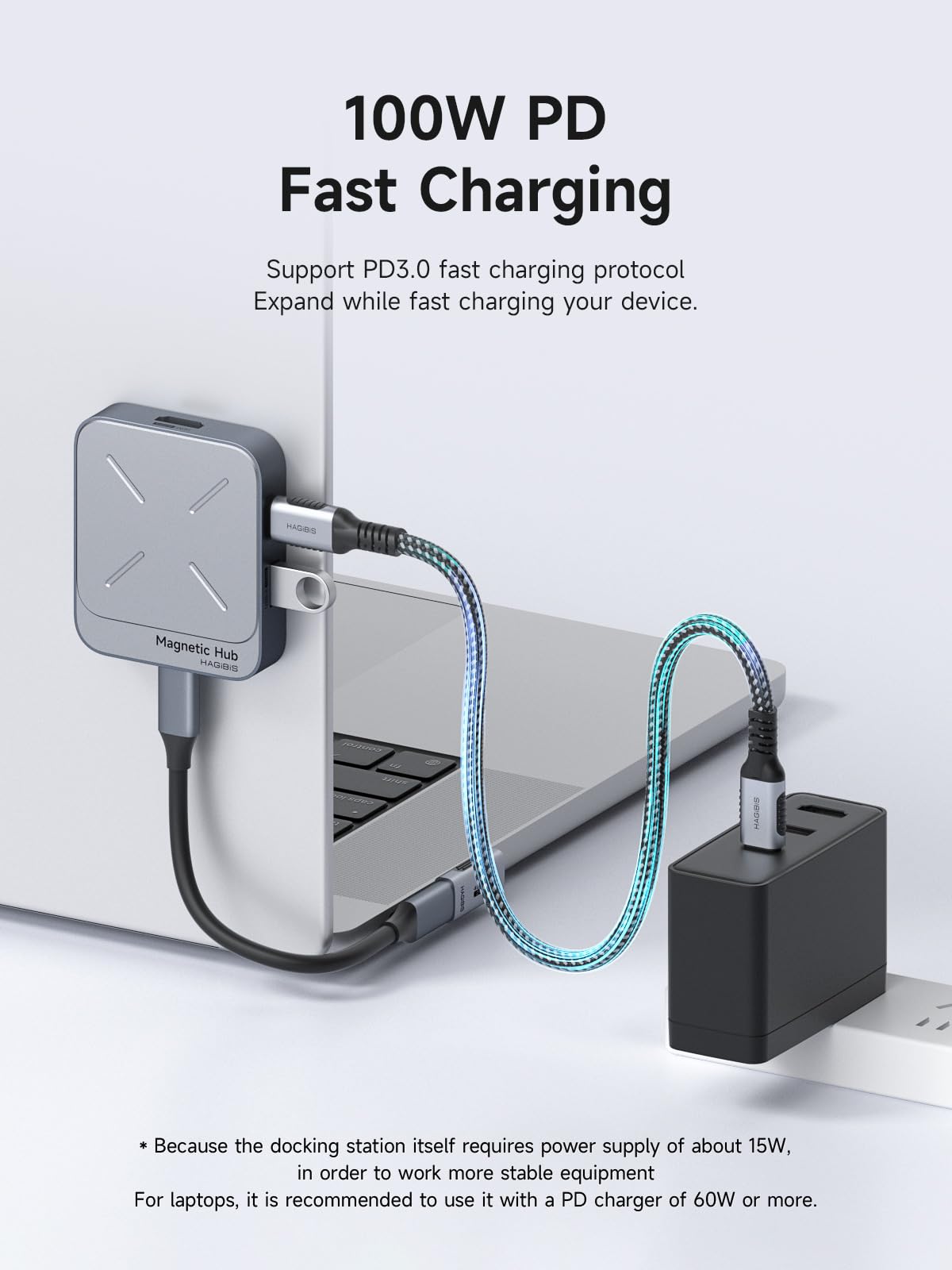 Hagibis 7-in-1 Magnetic USB C Hub with MagSafe mounted on a cellular phone case, showcasing multiple ports and magnetic connector.