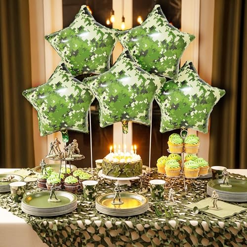 5-Pack 18 Inch Digital Camo Star Foil Balloons - Tactical Green - Product Imagery