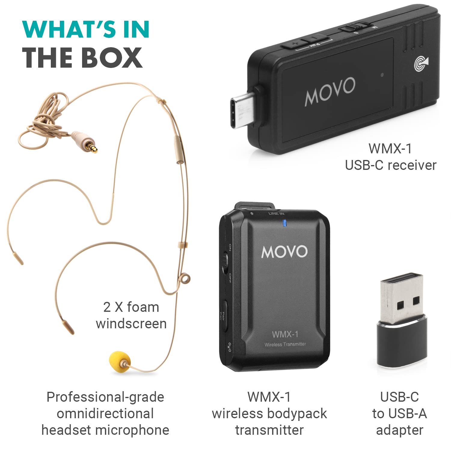 Movo WMX-1-UH USB-C Wireless Headset Microphone - USB Wireless Headset Microphone for Computers, Smartphones, and Tablets