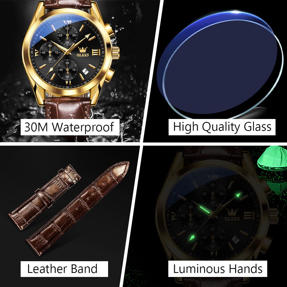 OLEVS Men's Chronograph Watch Leather Band Rose Gold