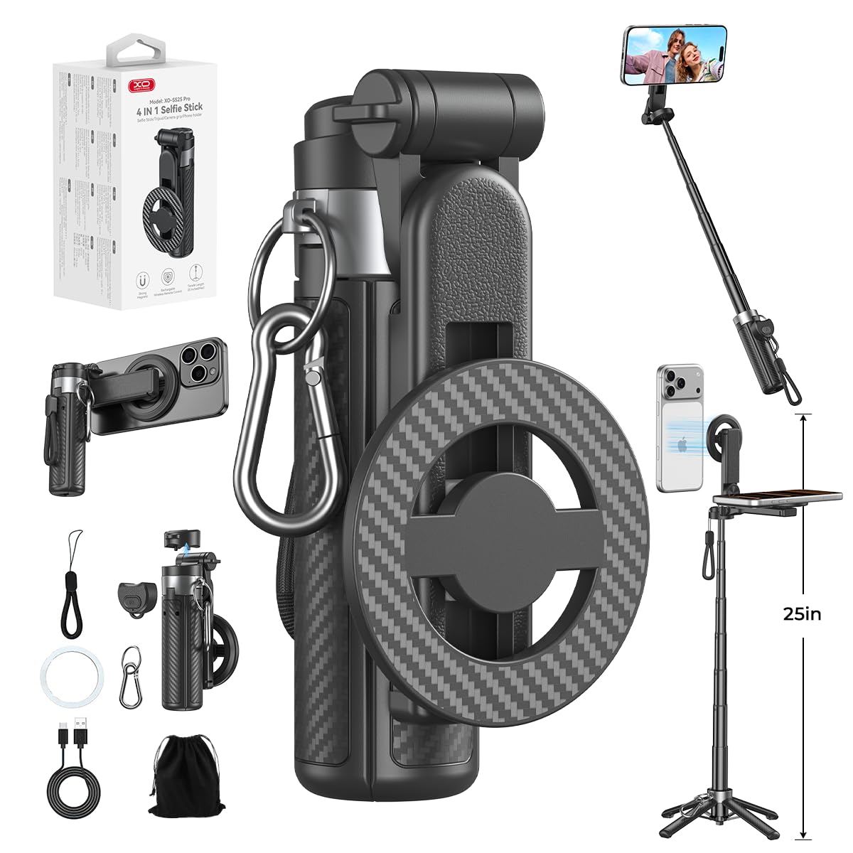 Upgrated 5 in 1 Magnetic Selfie Stick with Remote for Cell - XO Official Imagery - 2