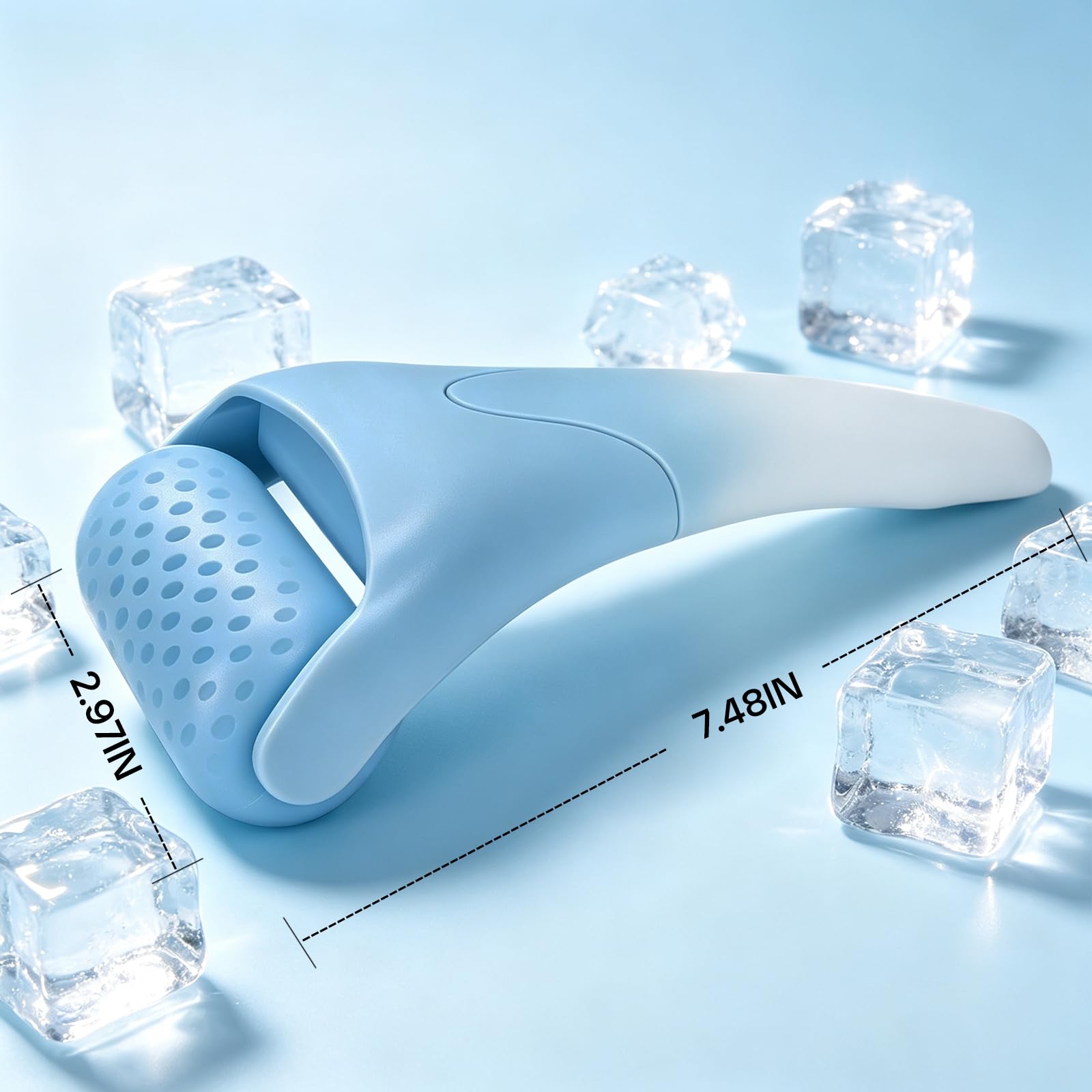 LATME Ice Roller massager for face and body showing a hand holding the cooling roller tool on skin for puffiness relief.