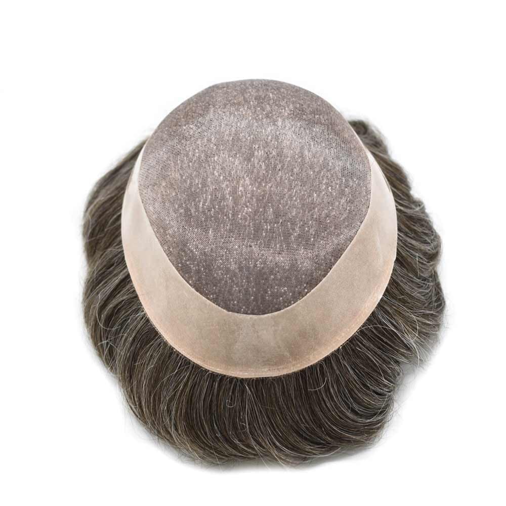Curve Hair Mens Toupee Human Hair Piece Replacement System Monofilament Wig Hair Unit for Men Durable Poly Coated Mens Hairpiece (#310 Dark Brown+10% Gray, 6"X9")