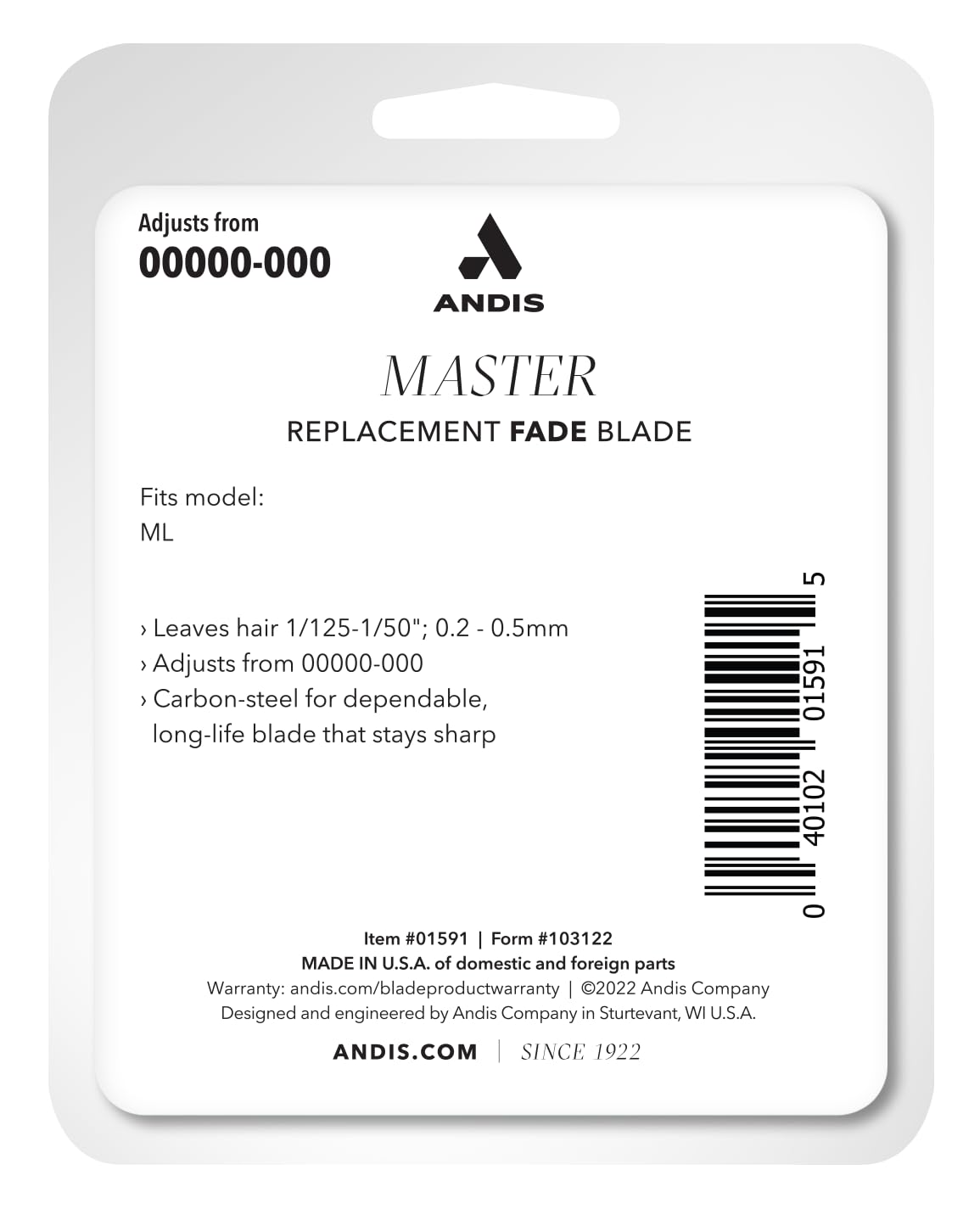 Andis 01591 Fade Master Carbon Steel Blade, Adjusts 00000-000, Chrome