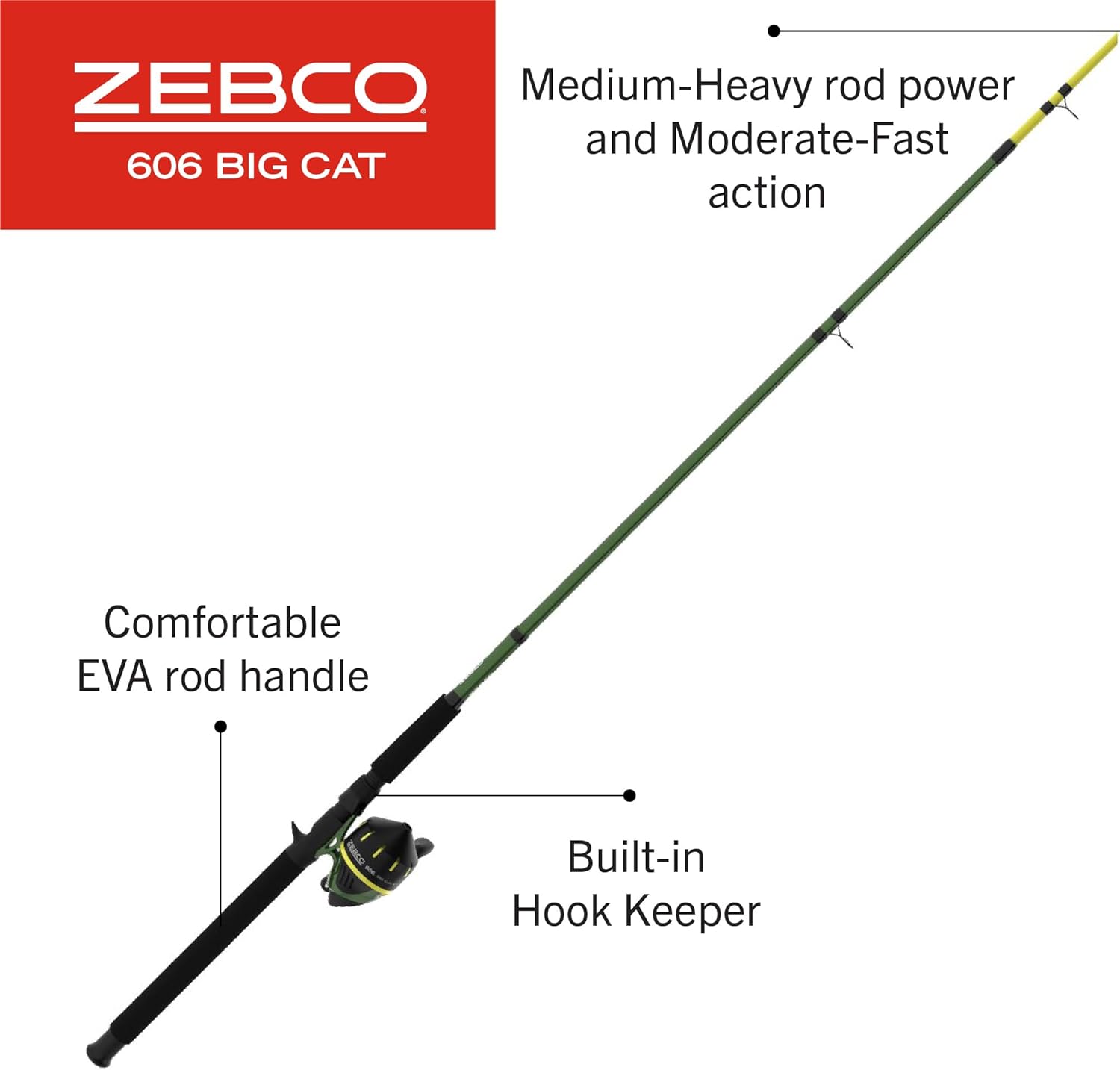 Zebco 606 Big Cat Spincast Reel and 7-foot 2-piece telescopic fishing rod combo, black reel with fishing line and rod extended.