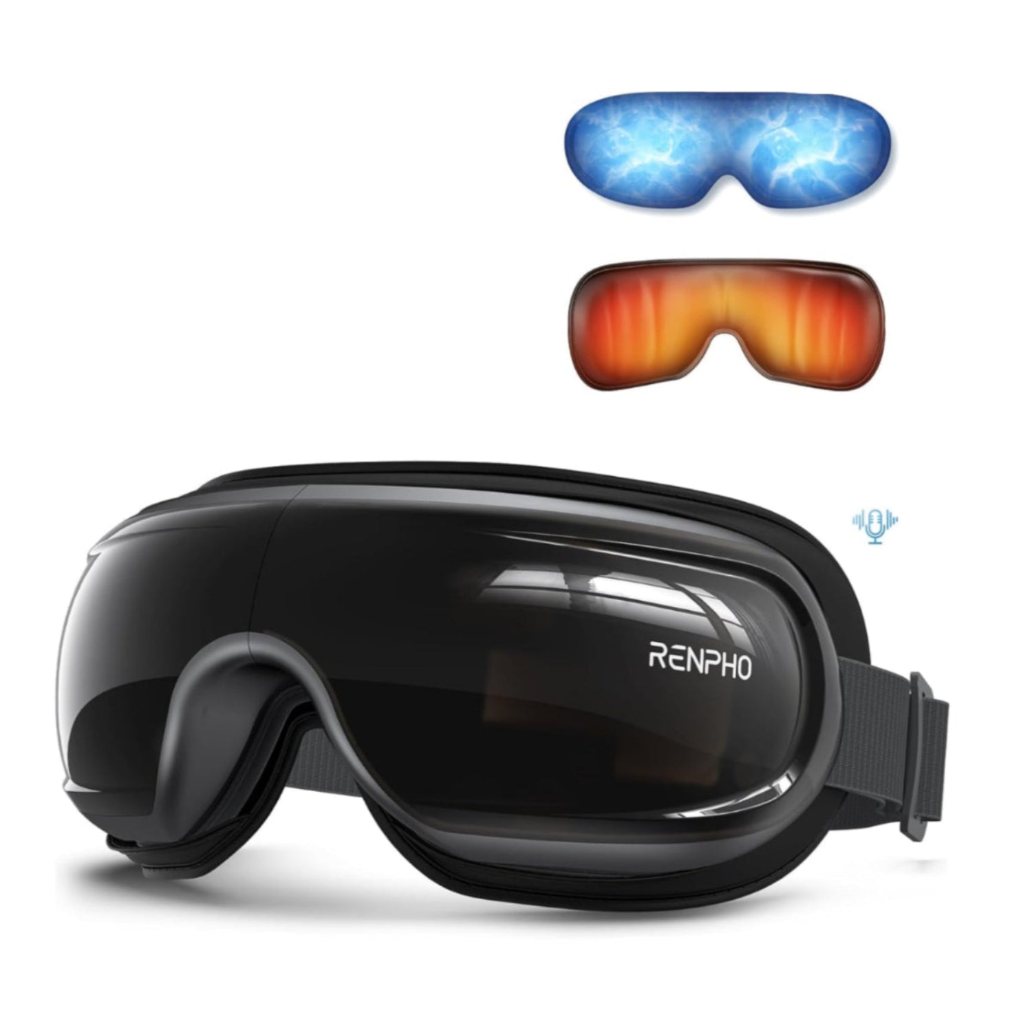 RENPHO Eyeris 3 Eye Massager with heat, cooling, and voice control showing a sleek black device resting on a white surface