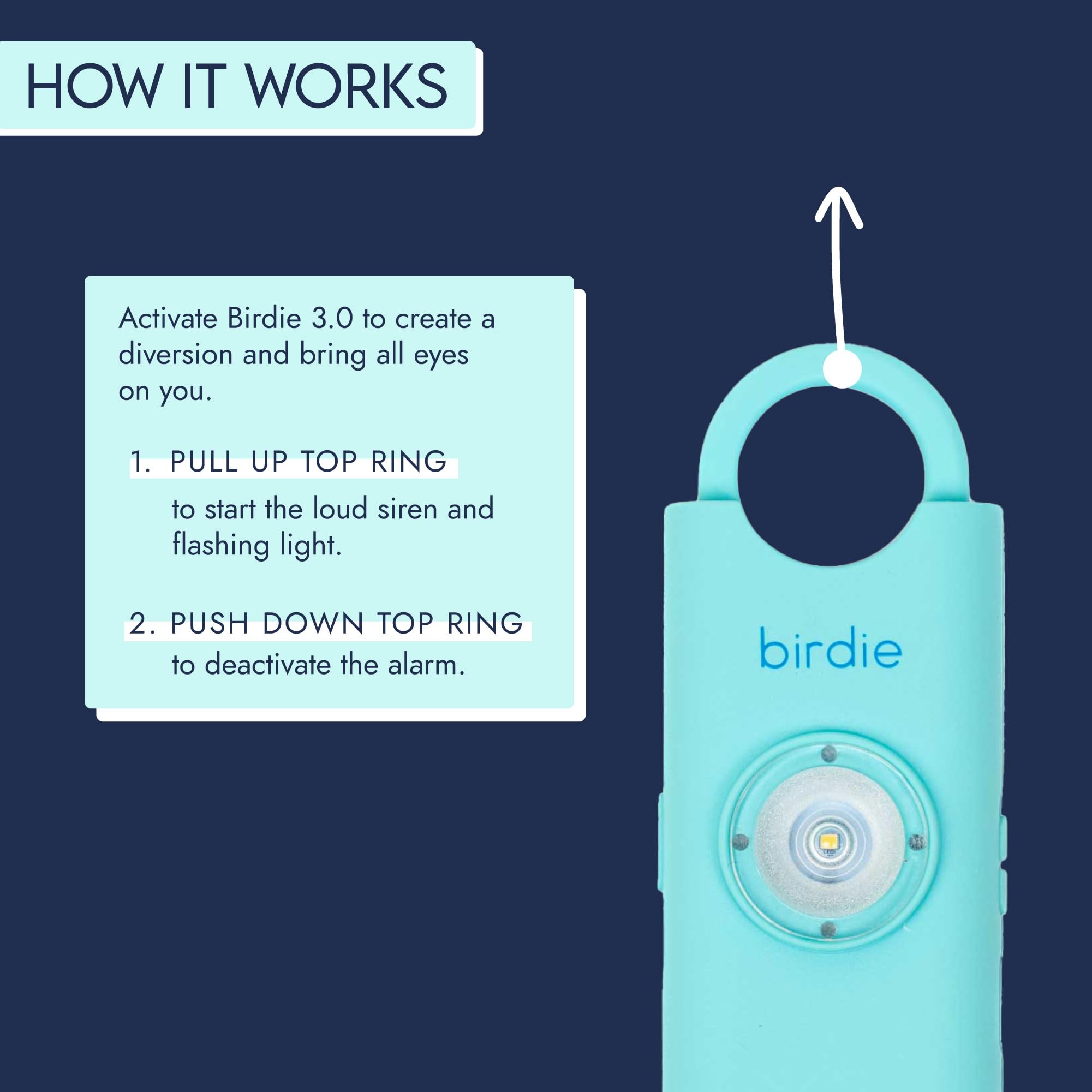 She's Birdie 3.0 personal safety alarm for women, featuring a loud siren, flashlight, and rechargeable battery in aqua blue.