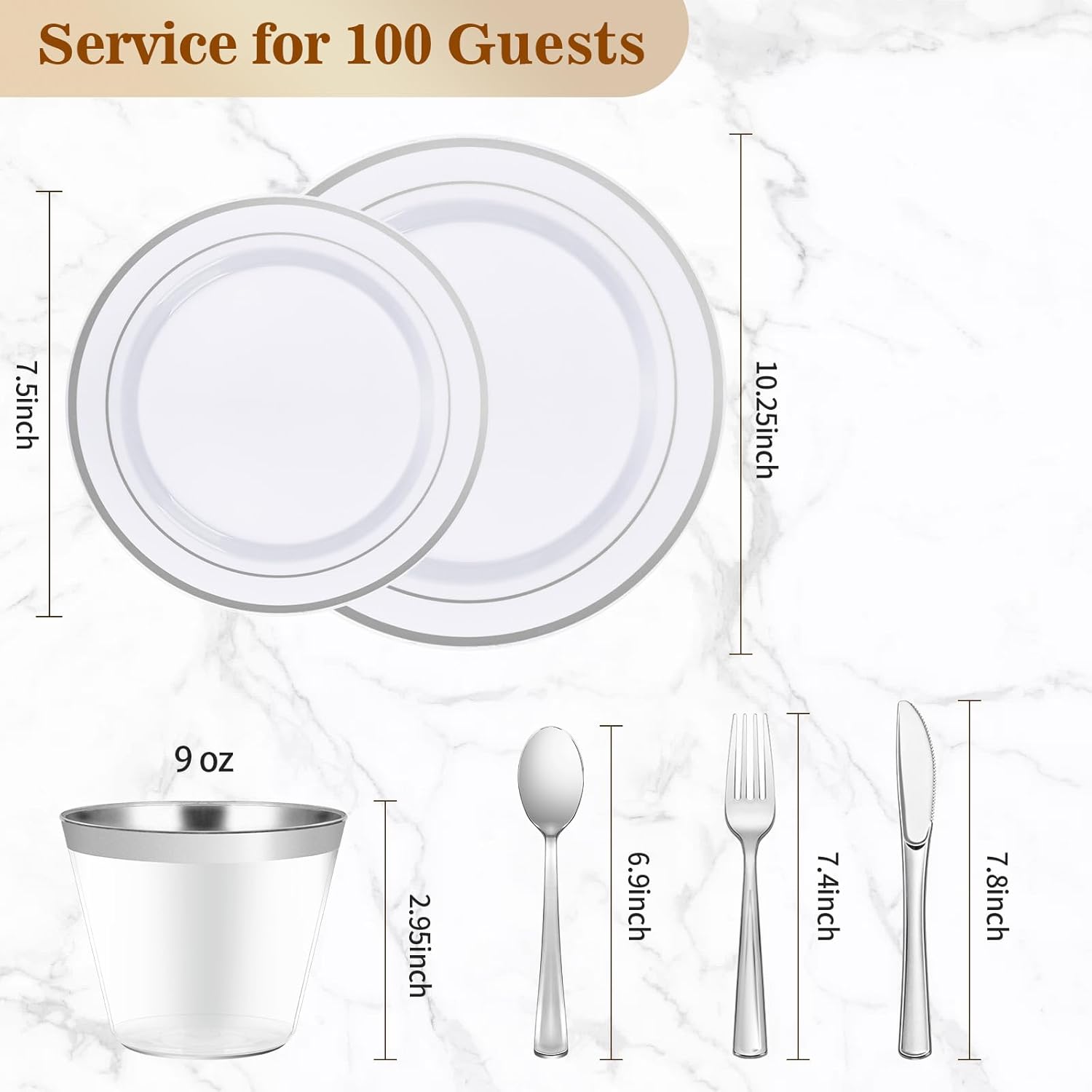 BESTVIP 700-piece silver plastic dinnerware set for 100 guests, includes plates, bowls, and utensils for large events