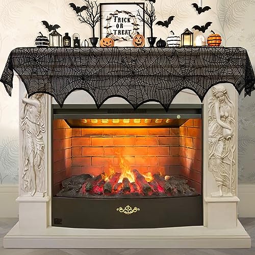 Halloween Decoration Black Lace Spiderweb Fireplace Mantle Scarf - Product Imagery