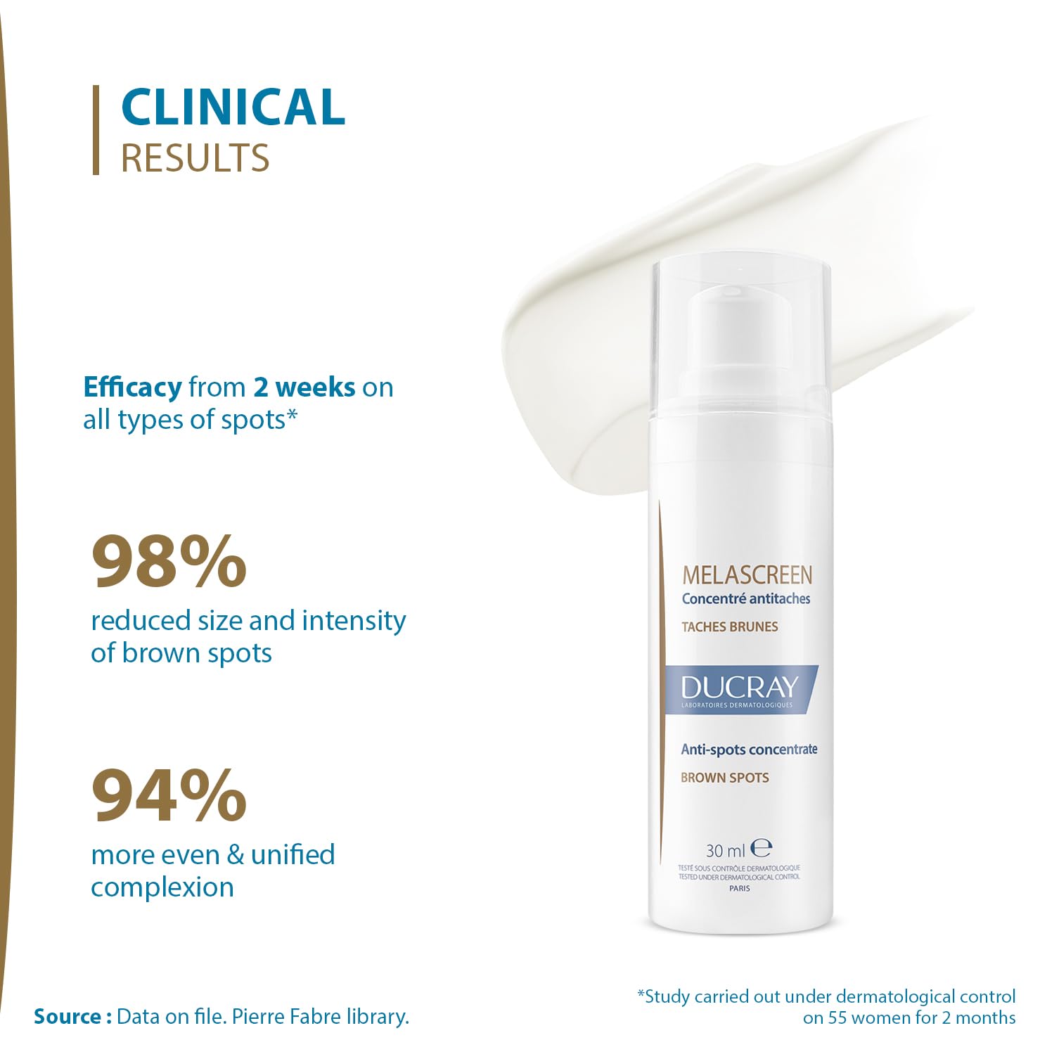 Ducray Melascreen Anti-Stain Concentrate 30 ml bottle with applicator tip, designed to target skin discolorations and dark spots.
