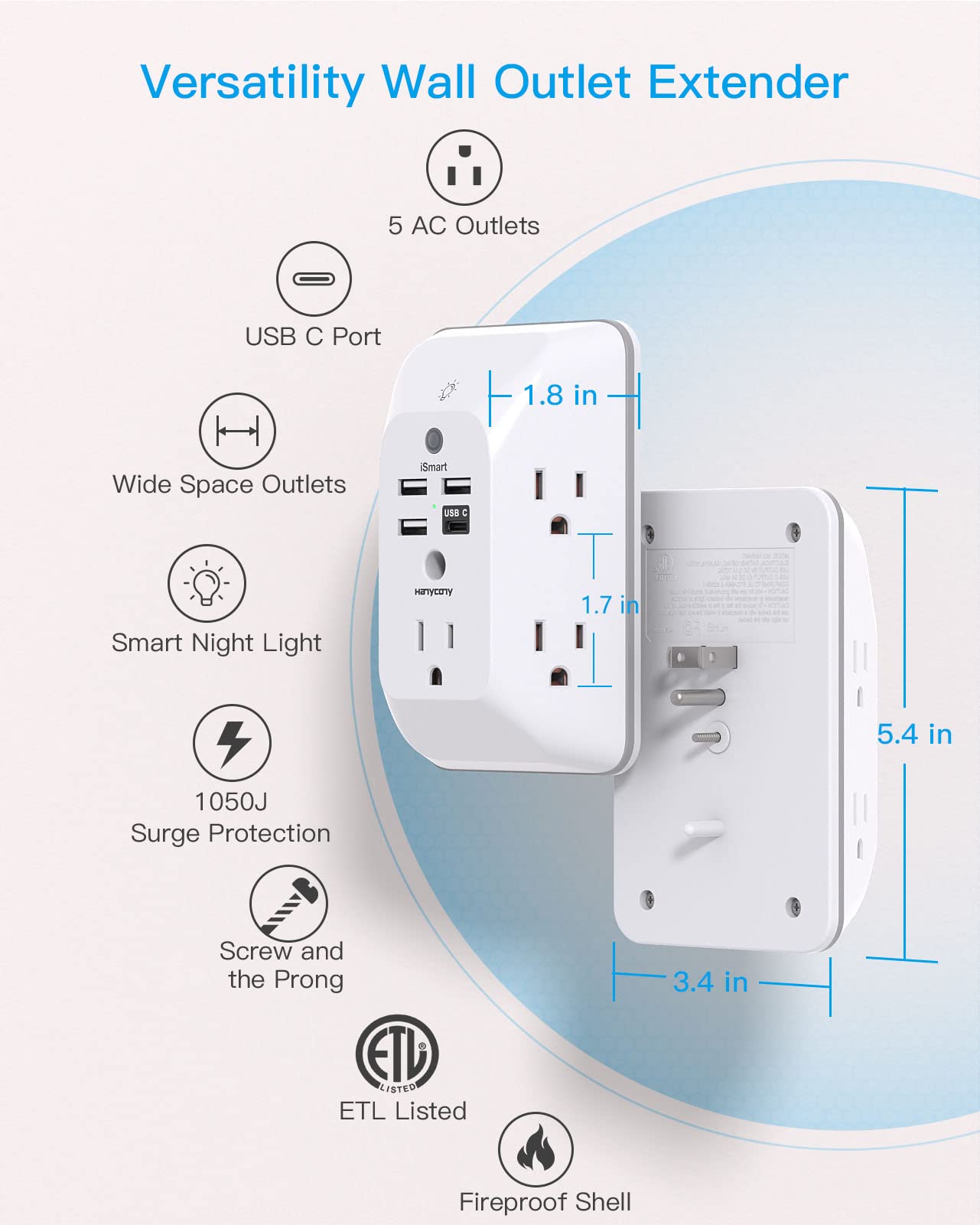 HANYCONY Outlet Extender with Night Light, Multi Plug Wall Outlet - HANYCONY Official Product View 3