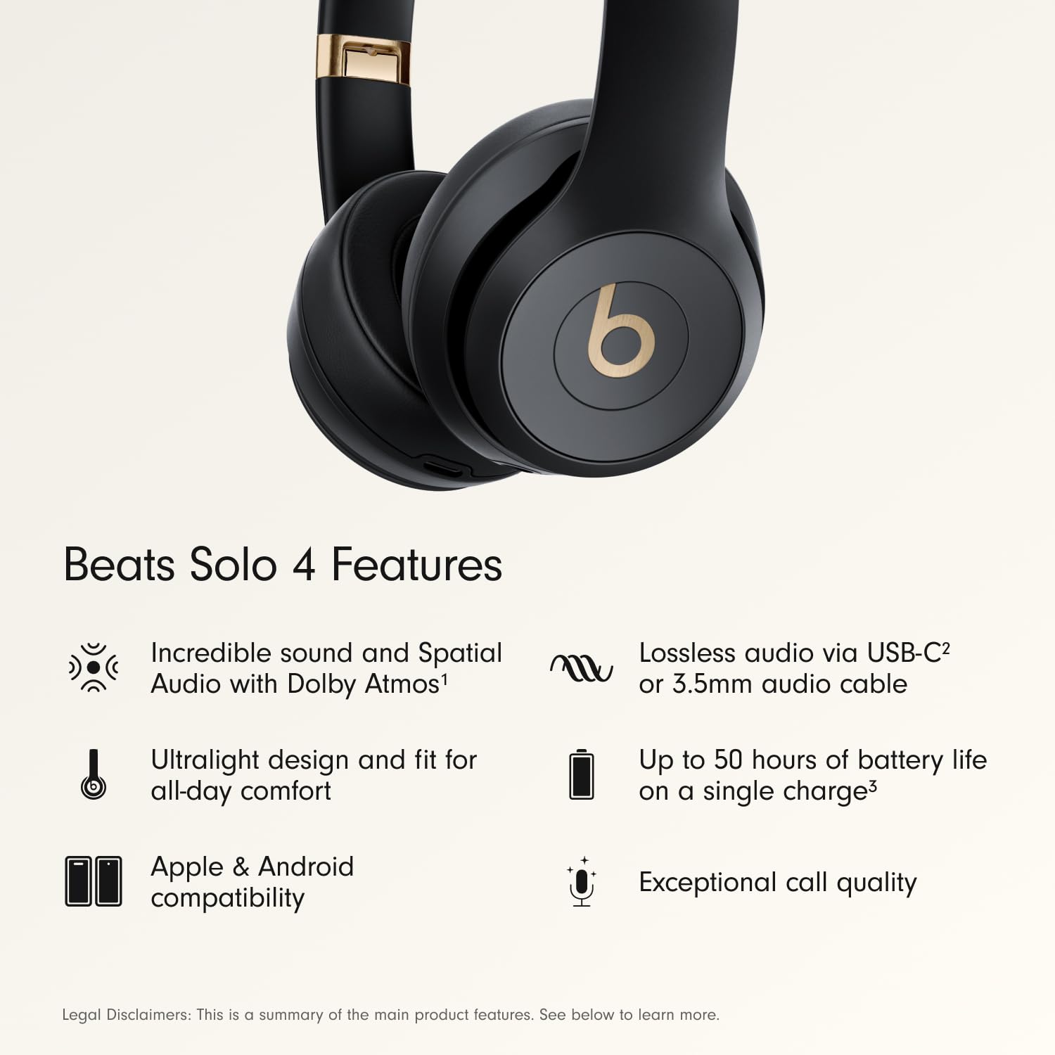 Beats Solo 4 wireless on-ear Bluetooth headphones in black and gold, with sleek design, lightweight comfort, and powerful sound.