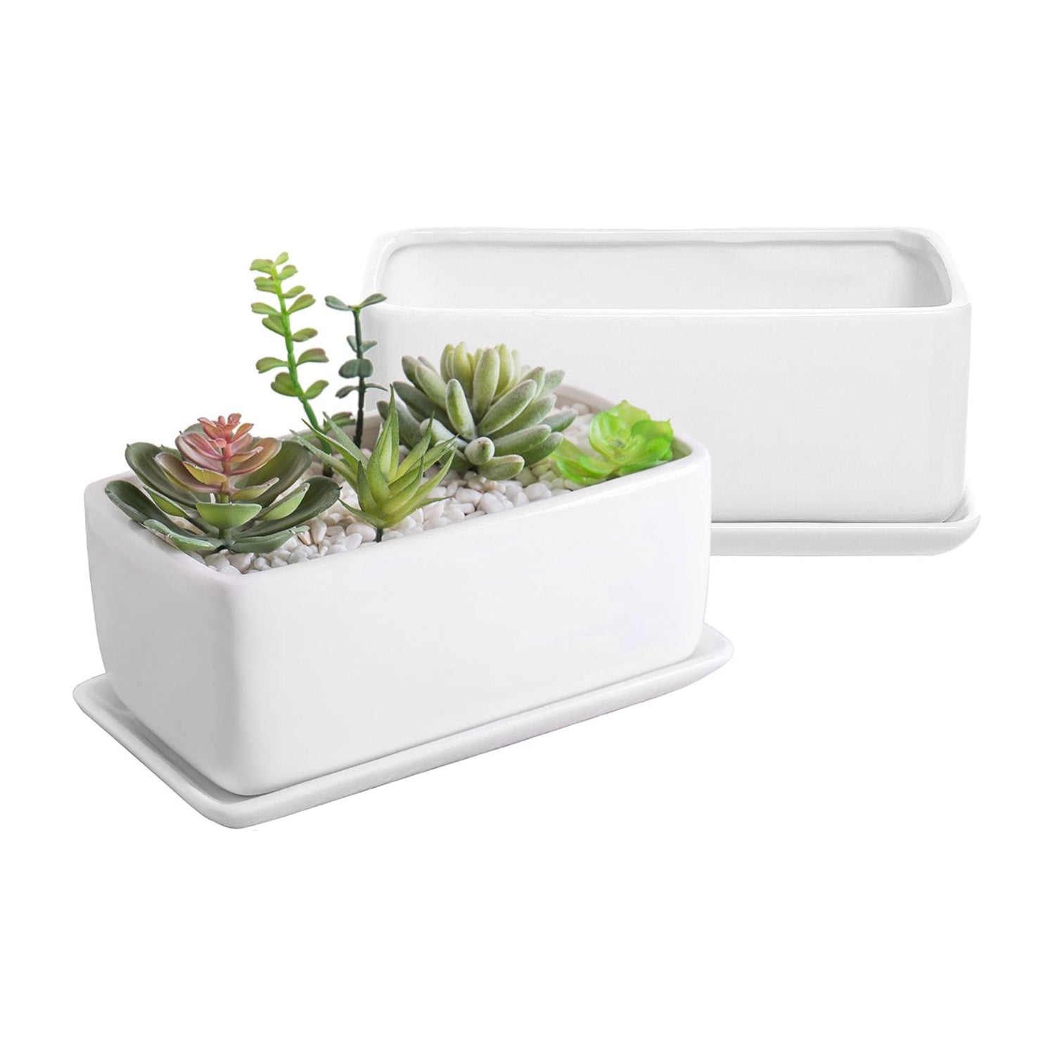 MyGift 14-inch rectangular ceramic indoor plant pot with drainage hole for houseplants and decorative plant display