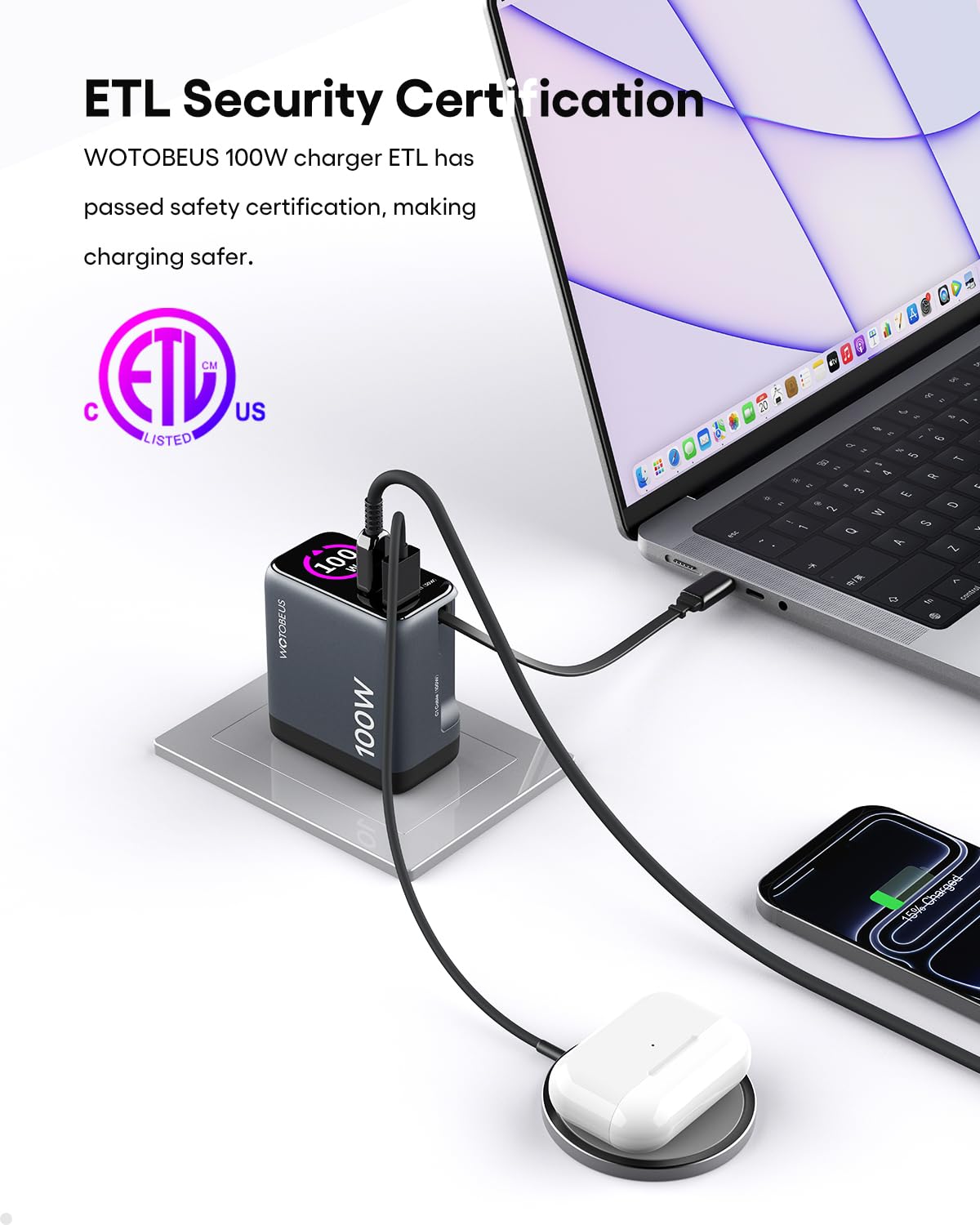 WOTOBEUS GaN+ 100W PD charger with retractable USB-C cable, smart display, touch control, suitable for iPhone, MacBook, Galaxy, Pixel