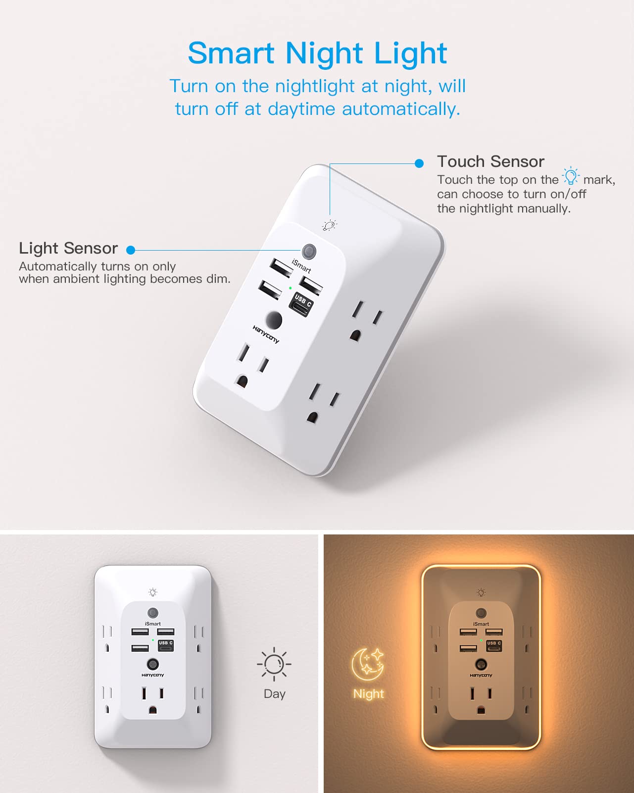 HANYCONY Outlet Extender with Night Light, Multi Plug Wall Outlet, Surge Protect - HANYCONY Official Product View 2