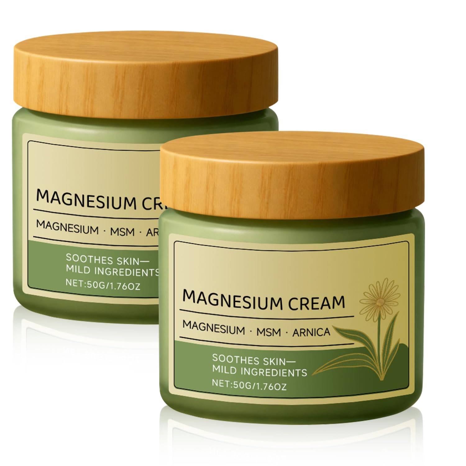 Rexibuz magnesium cream with MSM and arnica in a 50g tube, shown with two moisturizer containers for skin soothing and hydration.
