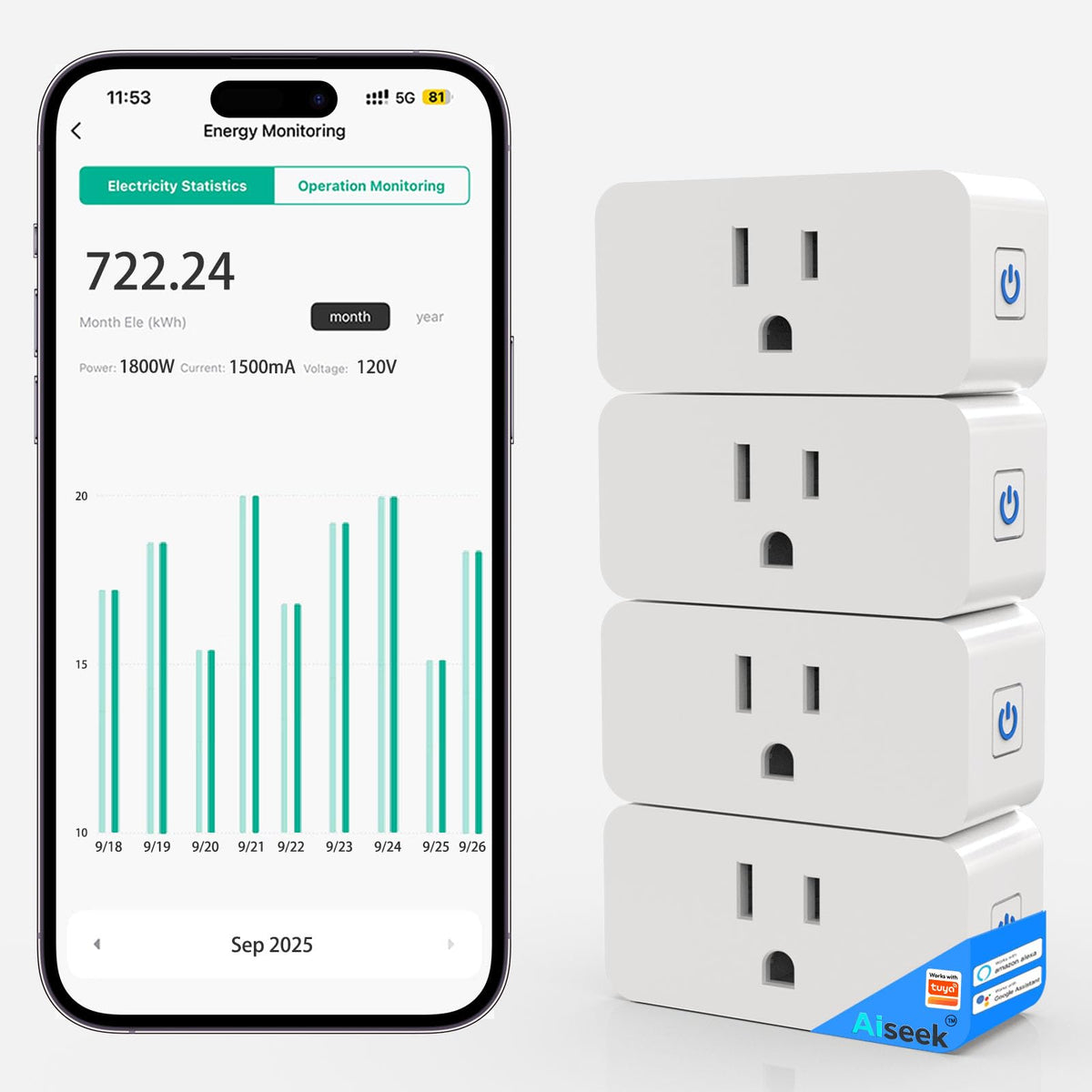 Smart Plug Outlet with Energy Monitoring 15A 2 4 GHz Wi Fi 4 - AiSeek Official Imagery - 2