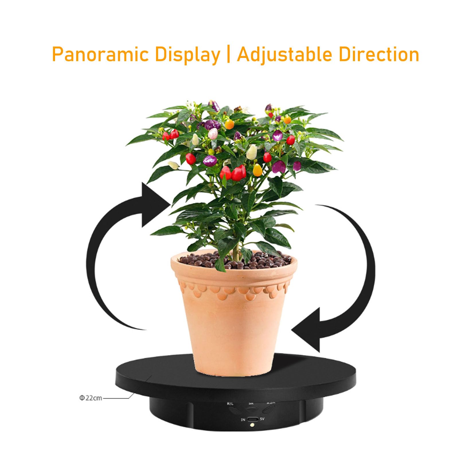 Black electric rotating jewelry display tray with 360-degree rotation, remote control, adjustable speeds, ideal for live streaming and photography.